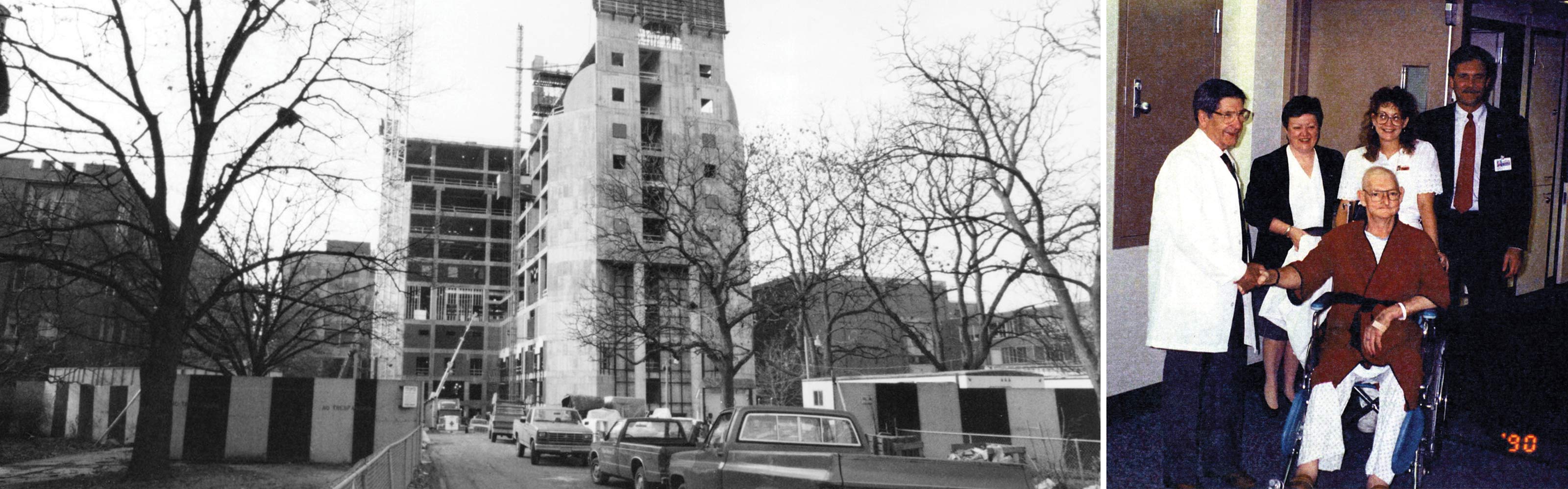 Historic photo of construction for the original James Cancer Hospital and Solove Research Institute. The a historic photo of  Arthur G. James, MD welcomes the first patient.
