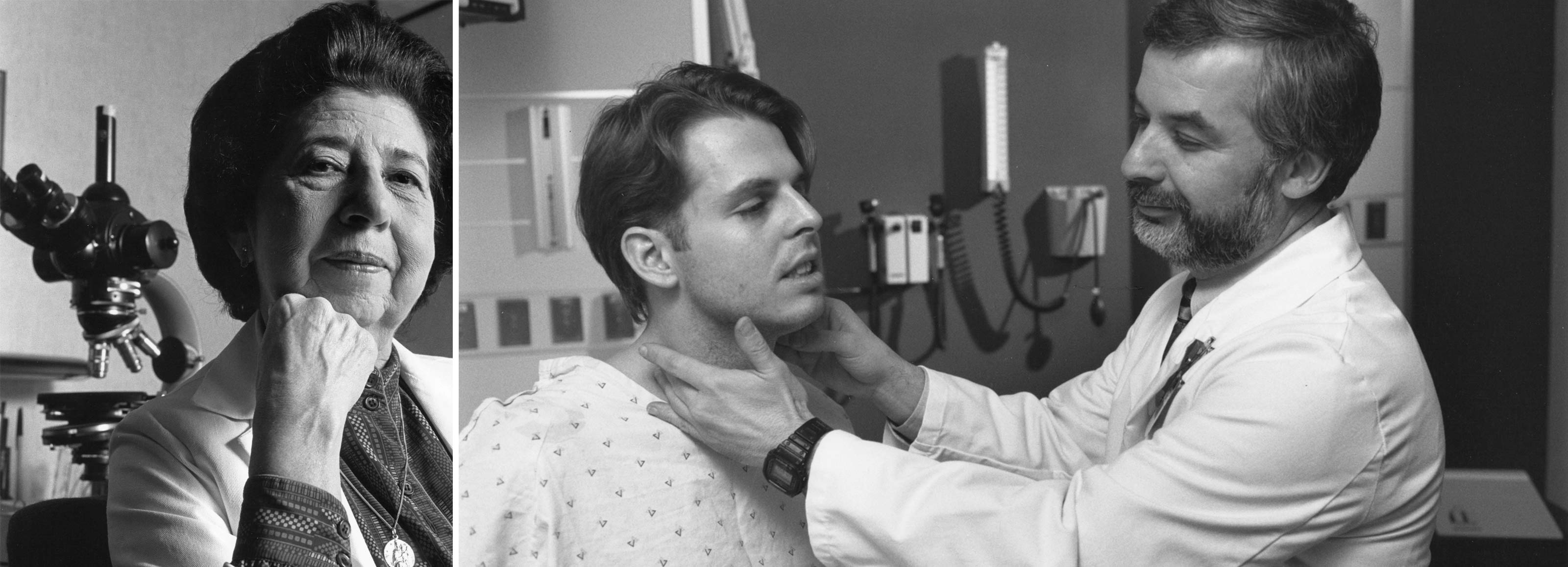 Historic photos of Bertha Bouroncle, MD and Eric Kraut, MD with a patient