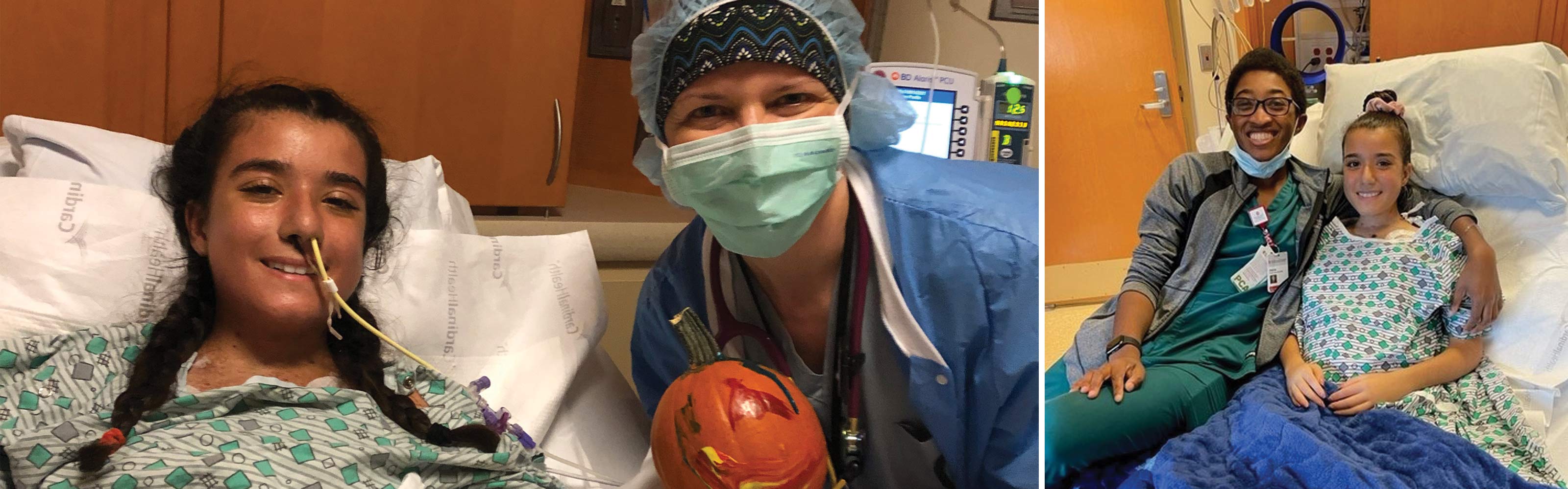 Gigi with Michelle holding a halloween pumpkin and then Gigi and another member of her care team at Ohio State
