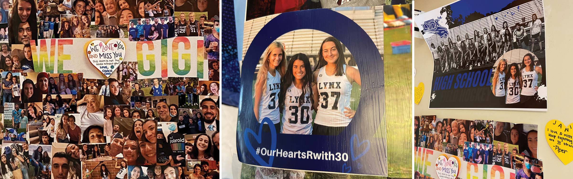 A collage of photos and get well cards of Gigi and her friends