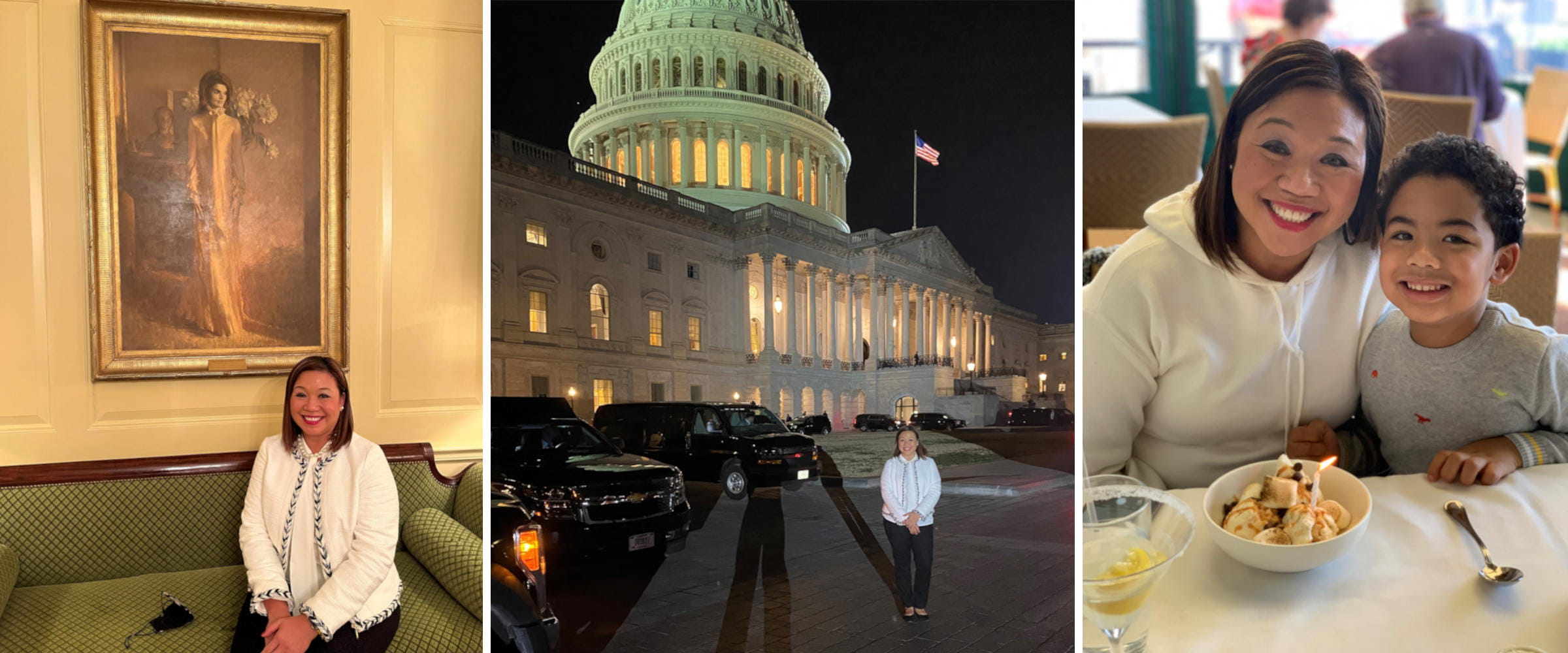 Collage of three photos of the Ohio State nurse Refynd Duro in the White House and with her son