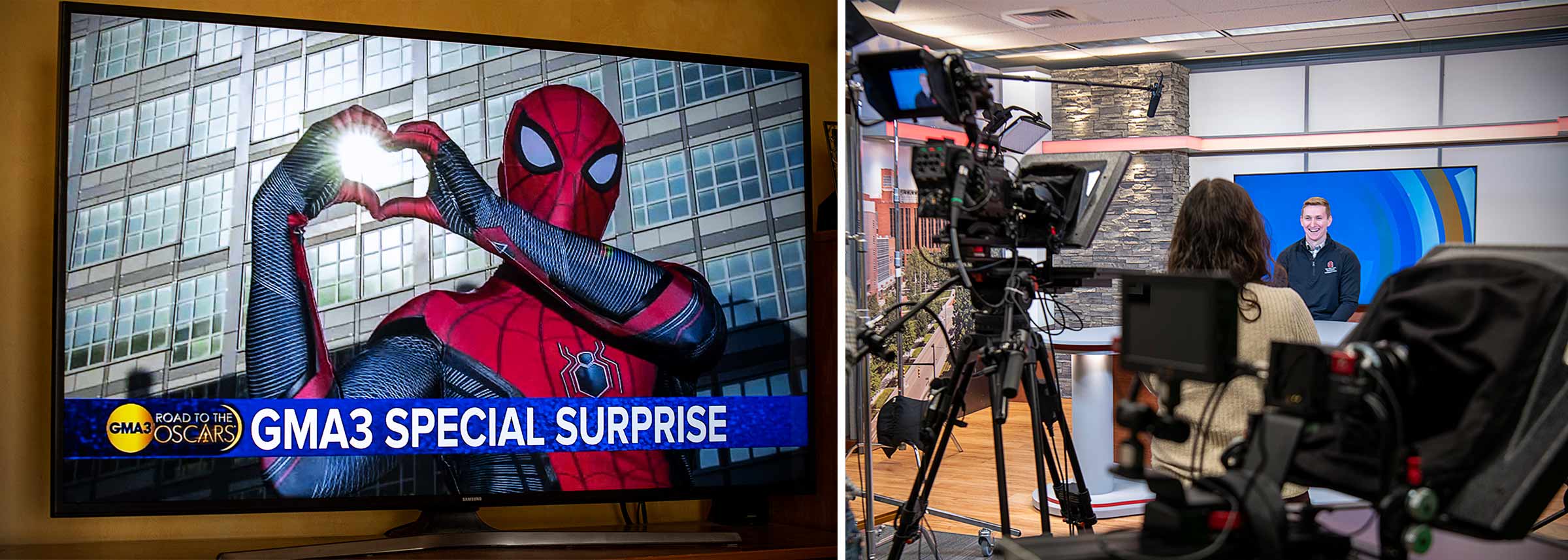 Collage of two images: a TV screen with a Spider-Man and Phil Re on the screen as Good Morning America is being filmed