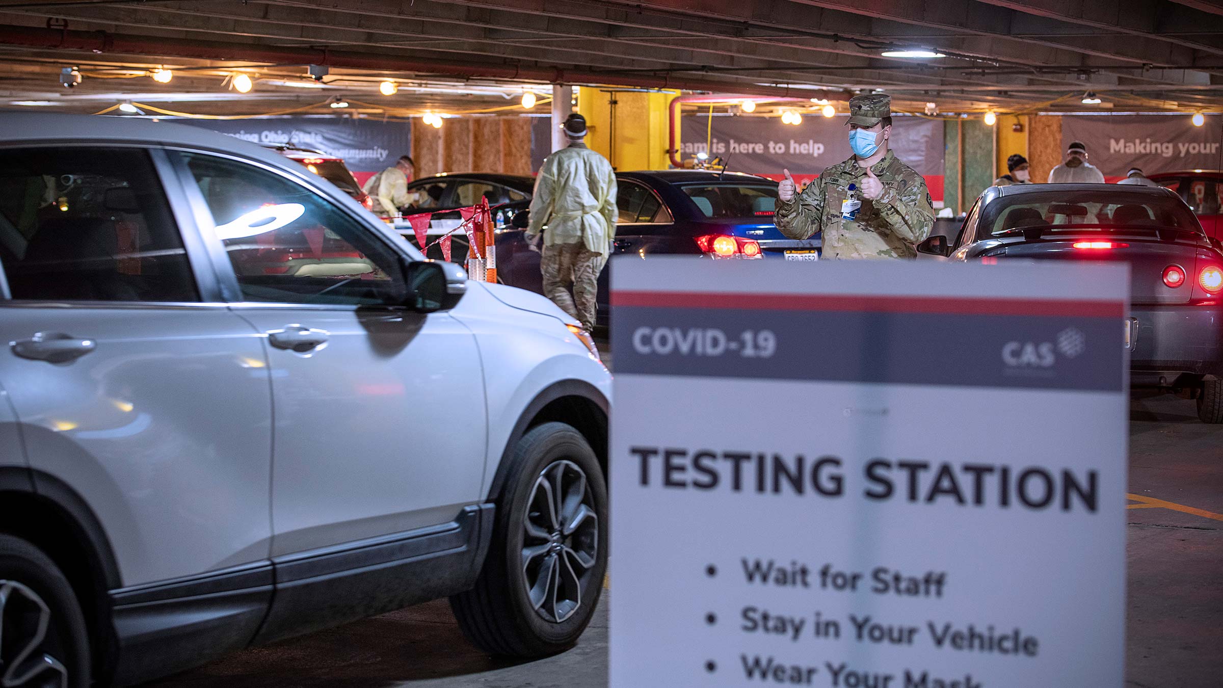 Members of the Ohio National Guard helping staff an Ohio State Wexner Medical Center COVID-19 testing site