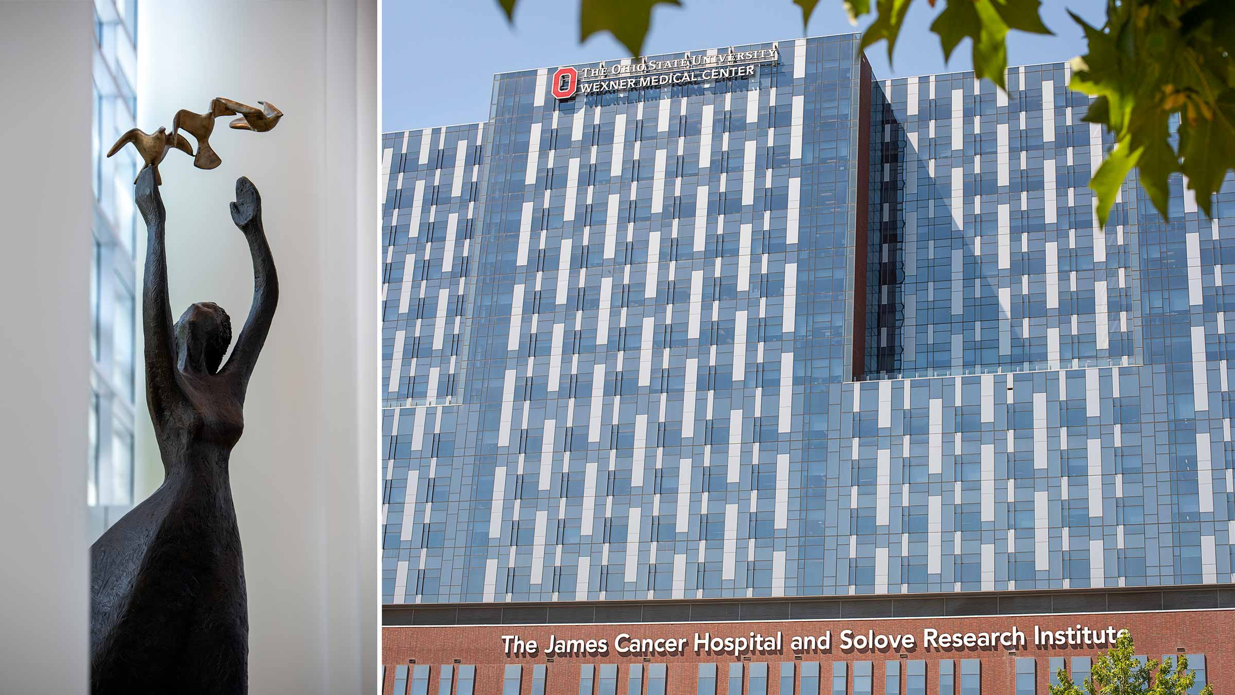 Collage of The James building and a statue of hope