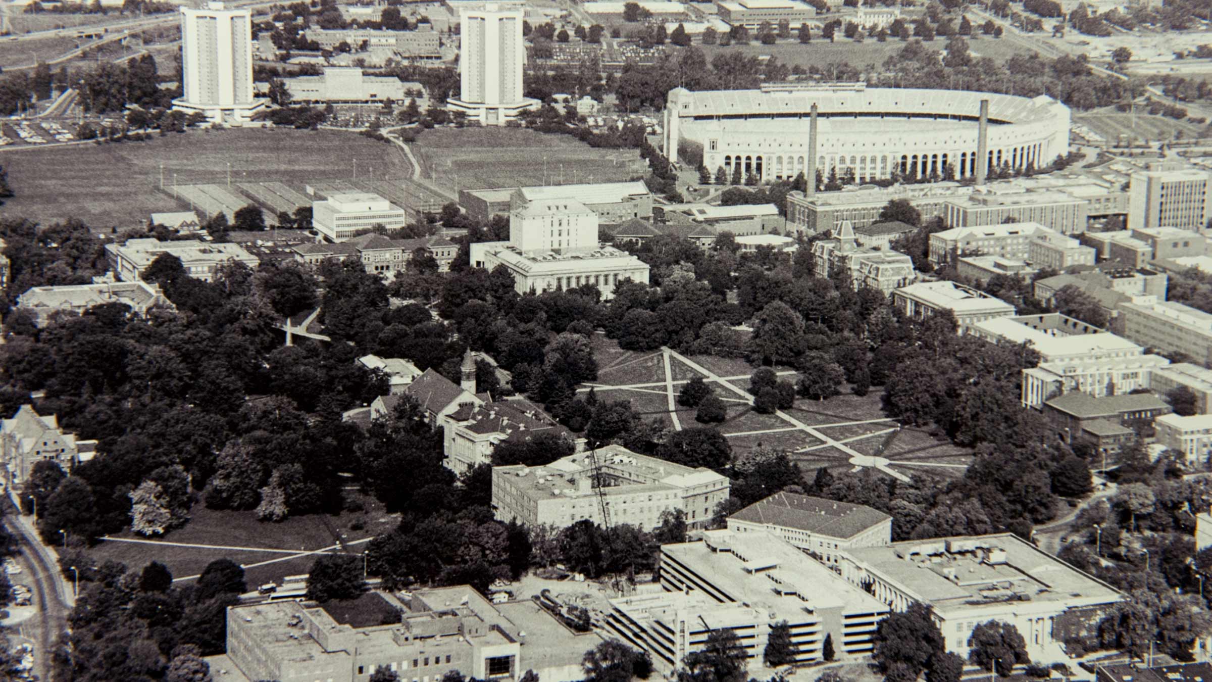 Aerial view of the stadium and the hospital from 1950