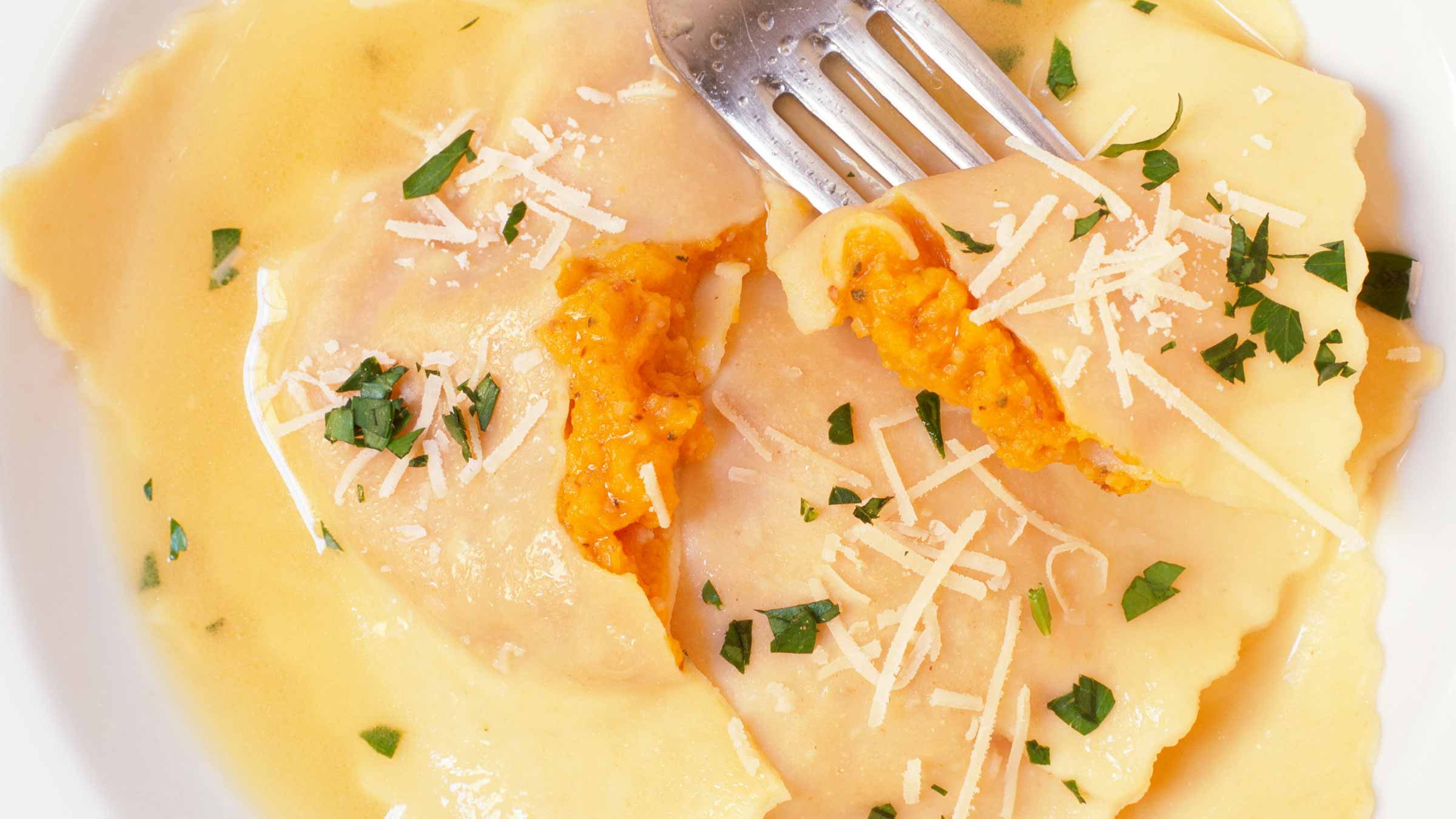 Close up of butternut squash ravioli