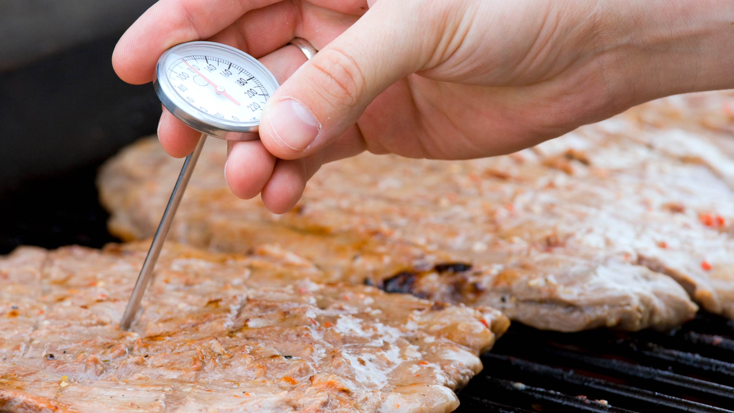 Person using meat thermometer to check food temperature