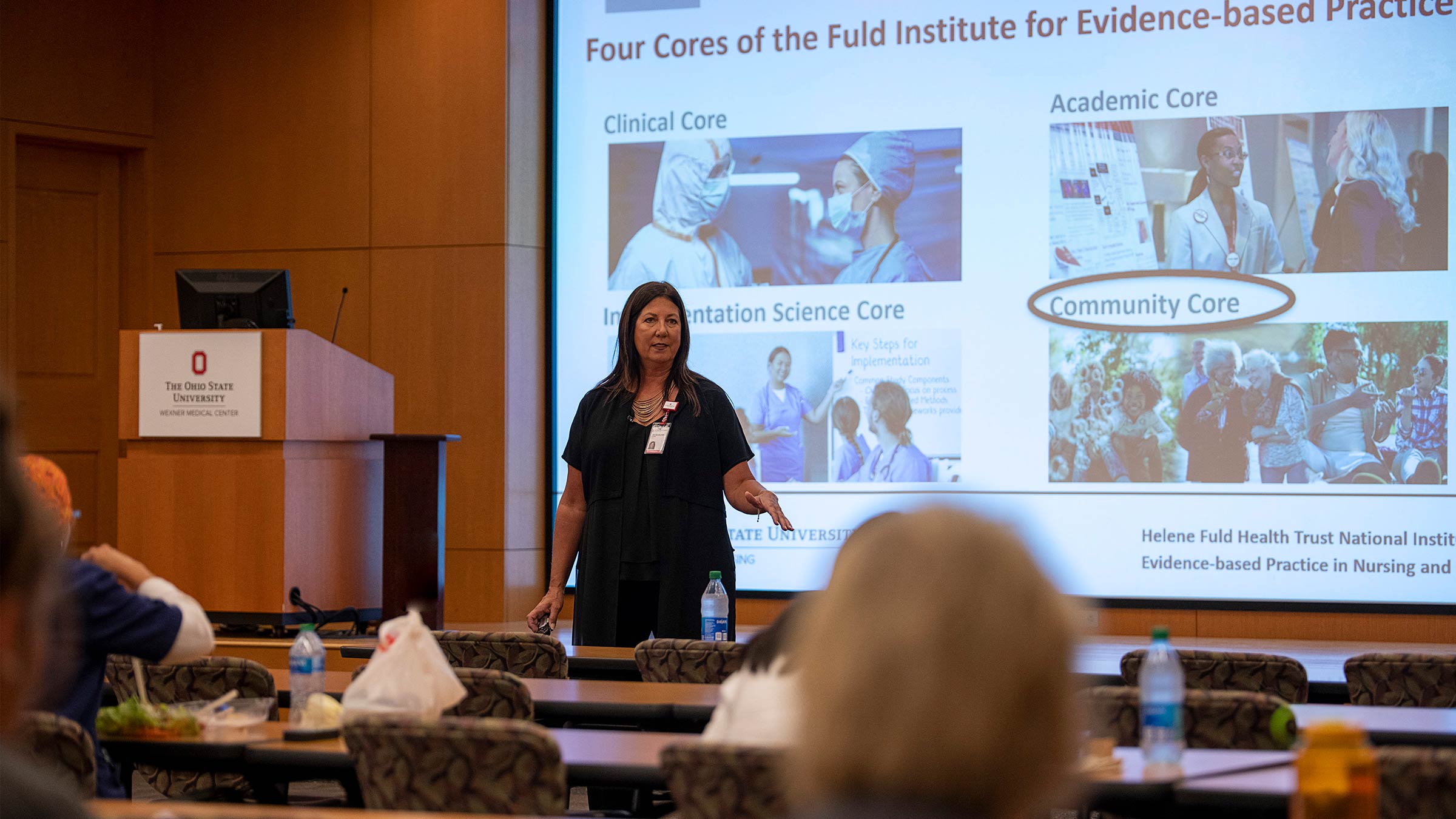 Jackie Hoying, PhD, RN, speaking about the Four Cores of the Fuld Institute for Evidence Based Practice