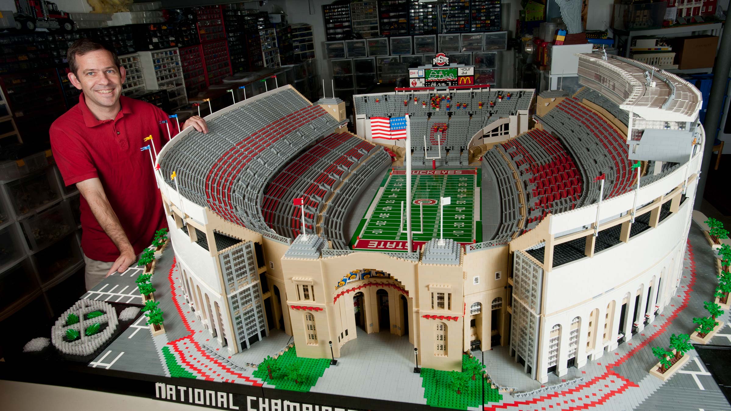 Professor Paul Janssen with his 8-foot Lego replica of Ohio Stadium