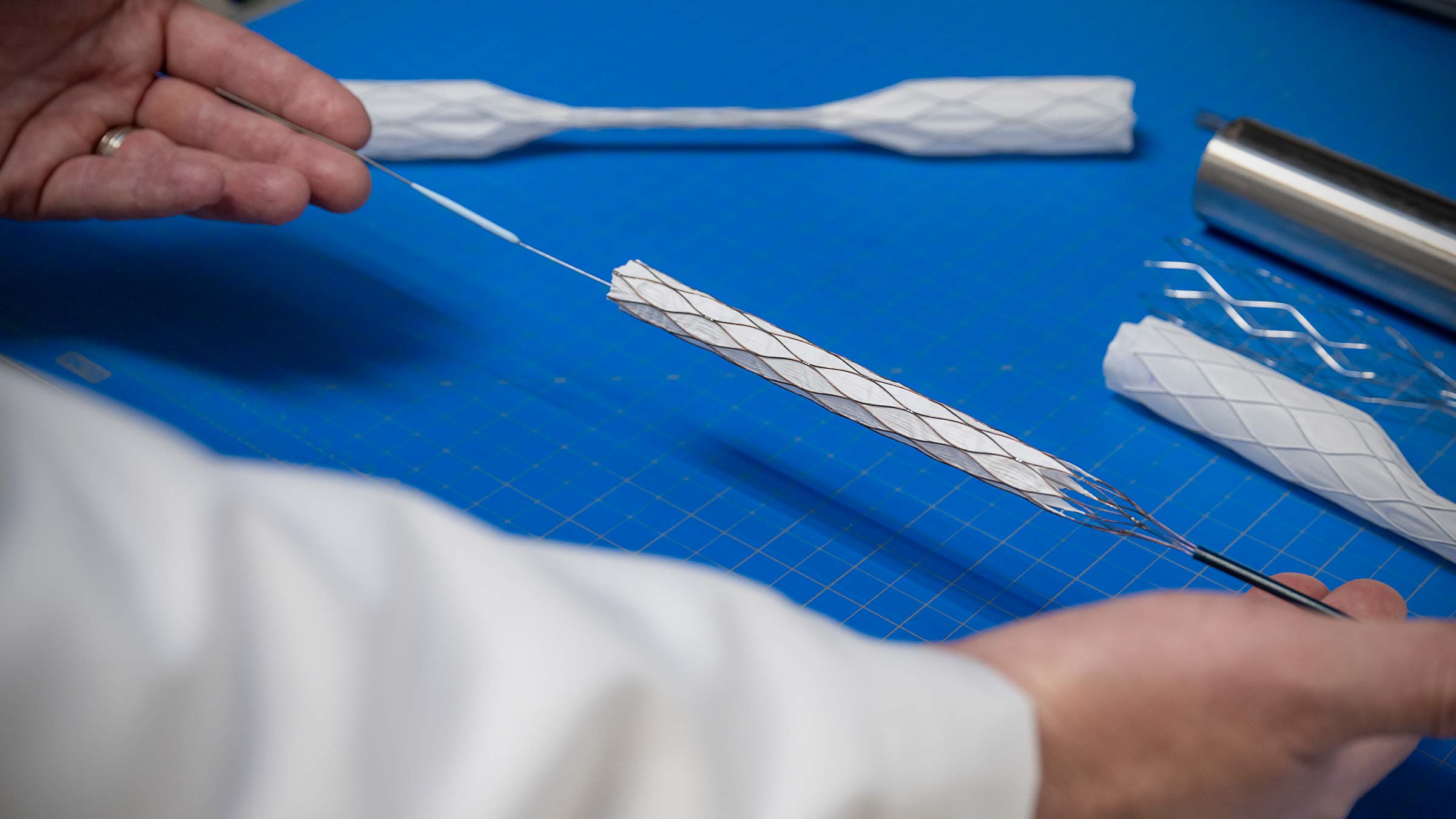 Dr. Tillman's retrievable rescue stent is placed with a catheter, and allows blood to flow through the stent while a surgeon repairs a damaged artery.