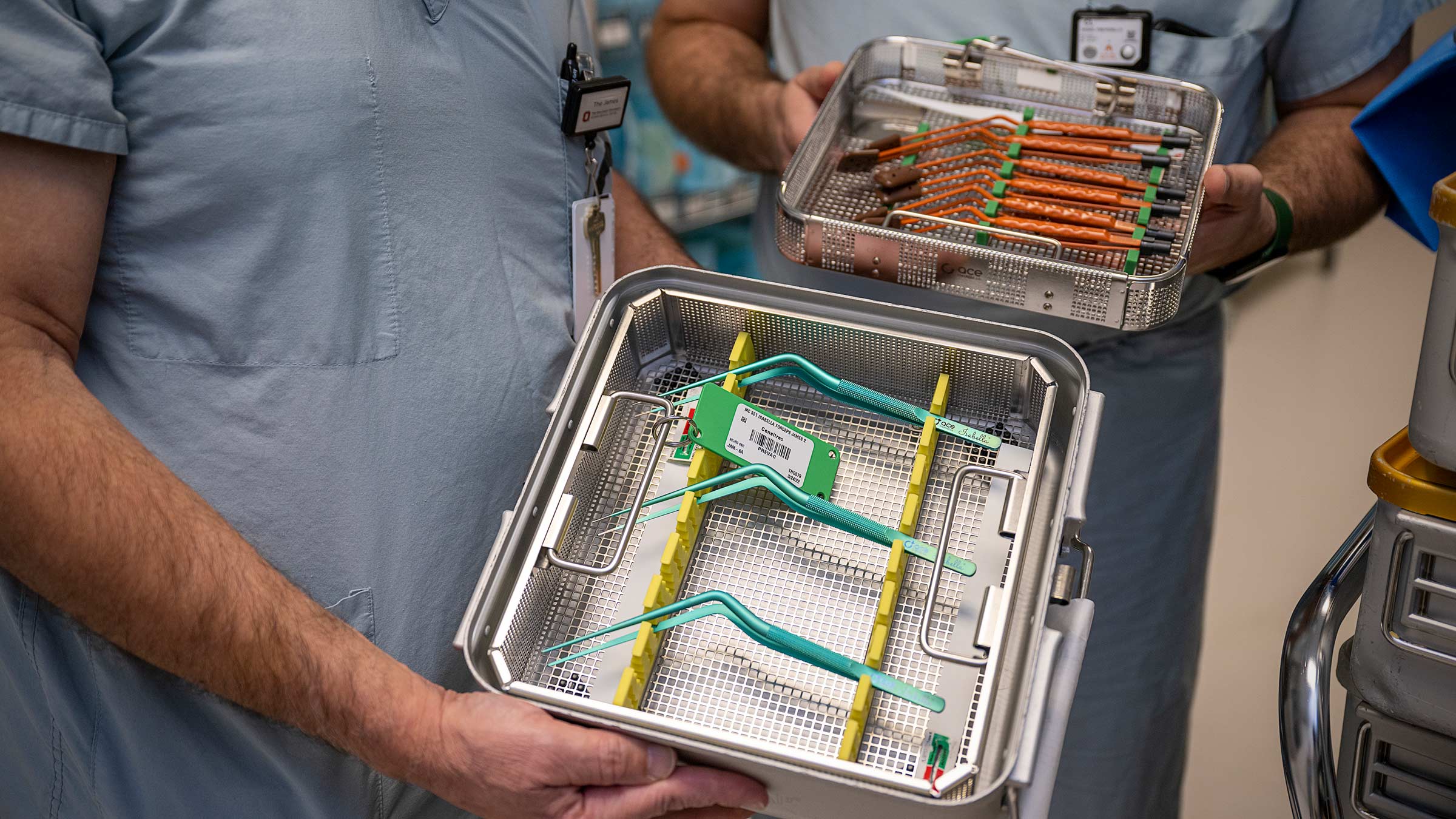 Trays of surgical tools Ohio State surgeons invented to aid with endonasal endoscopic procedures