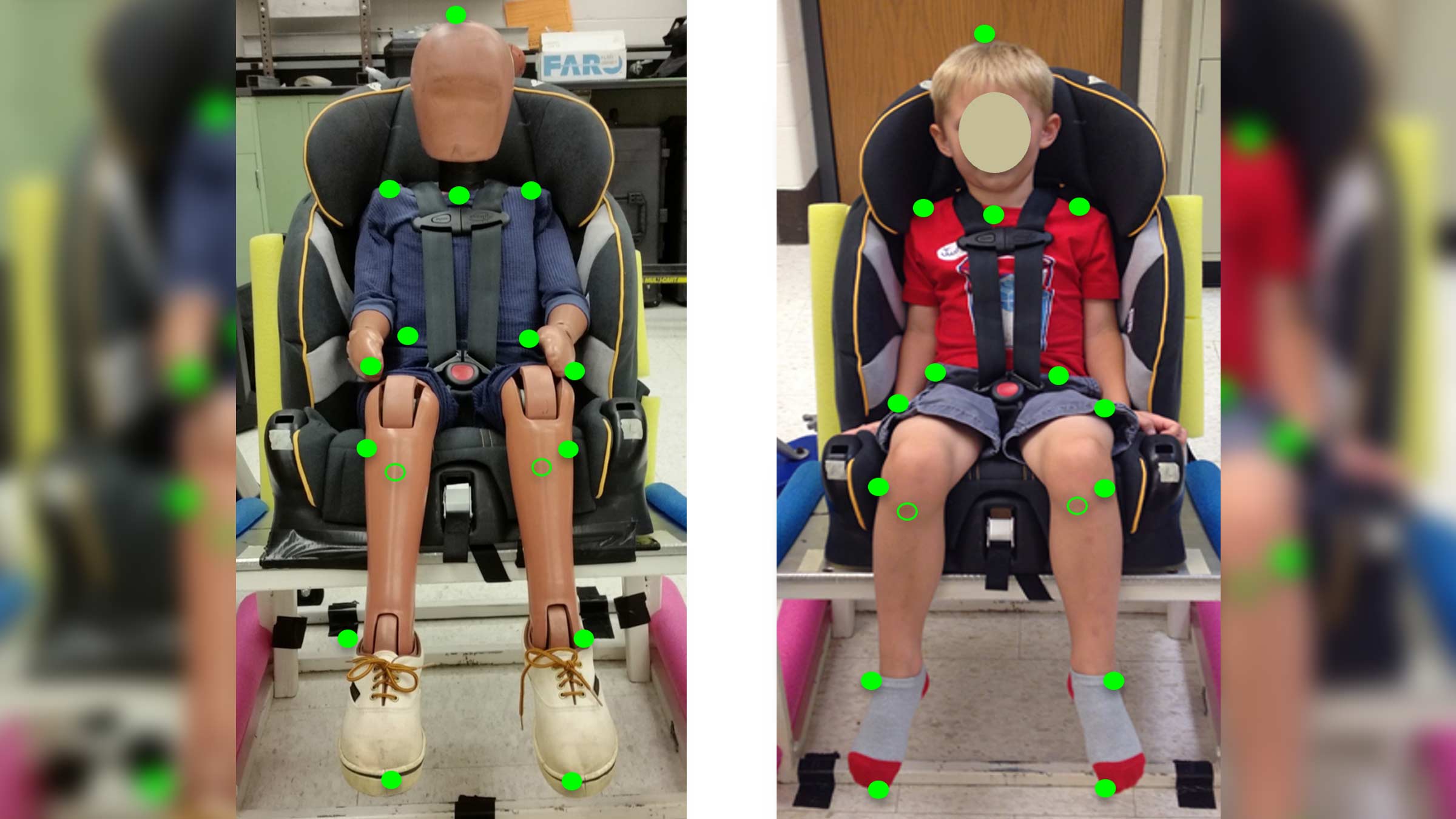 Two images comparing a child in a car seat and a crash test dummy