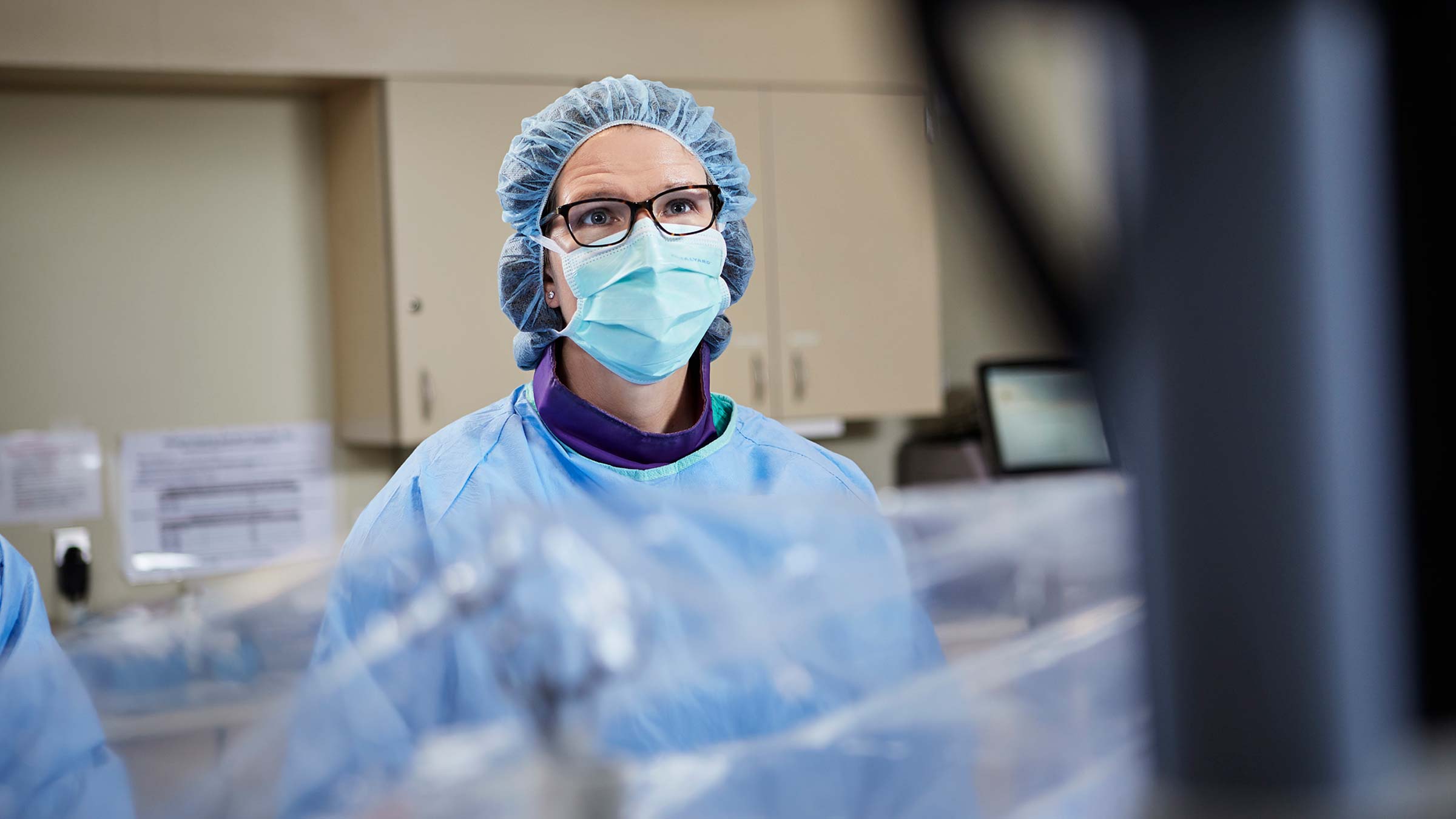 Cindy Baker, MD, the only female interventional cardiologist at Ohio State, reviews results in a lab