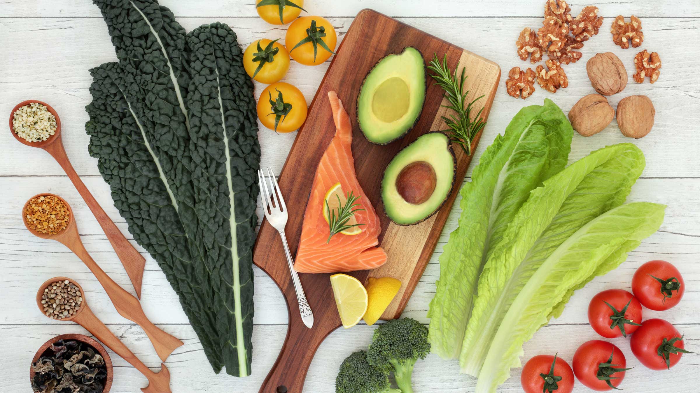 Healthy foods and ingredients laid out on a table