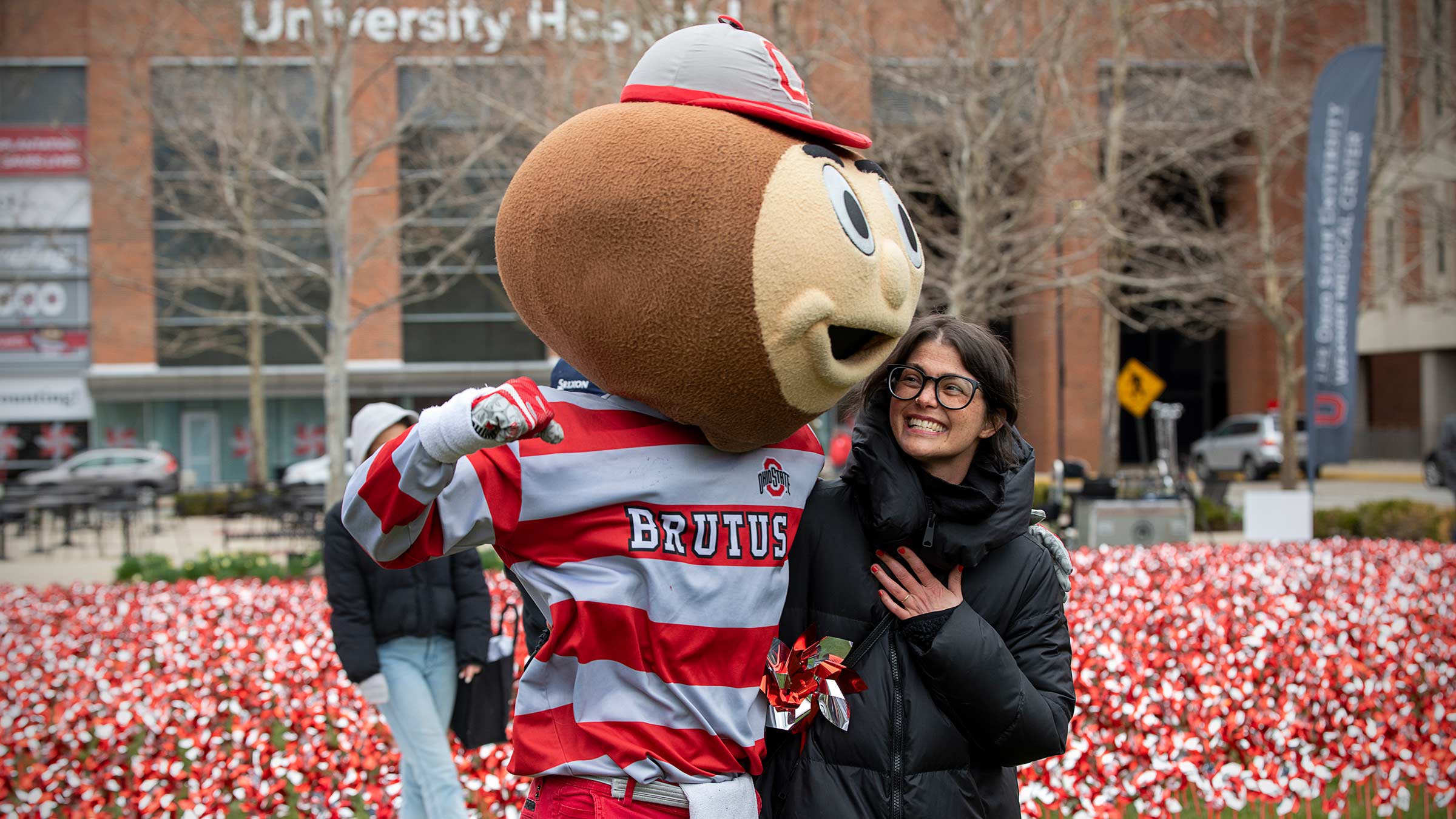Brutus hugging a lady in a field of pinwheels