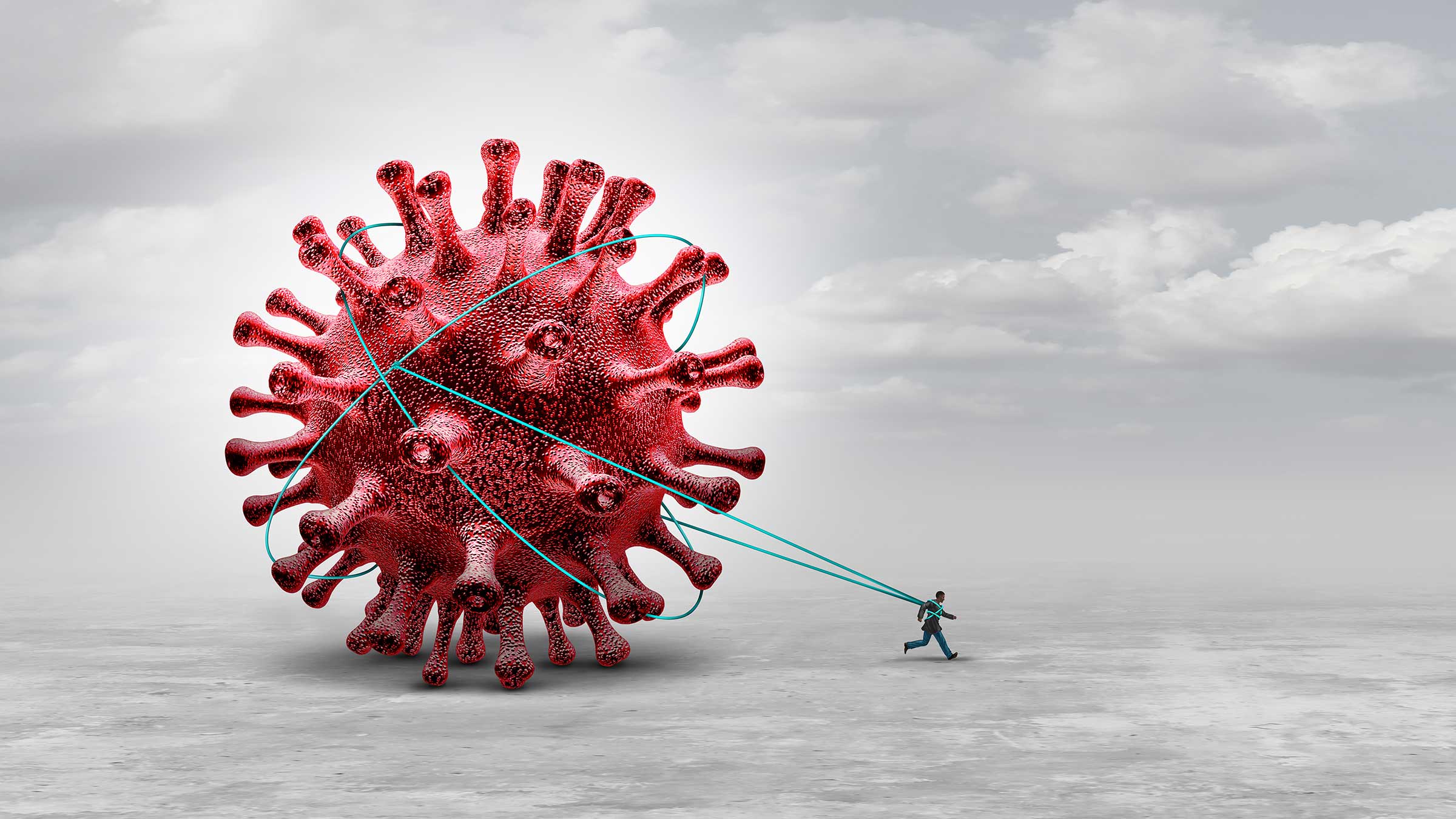 Cartoon man tied to a large representation of the SARS-CoV-2 virus