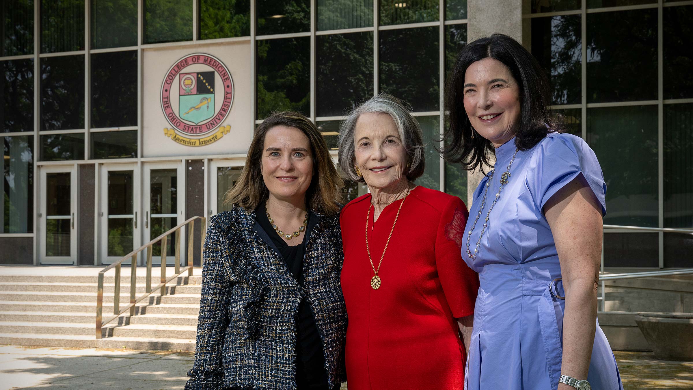 Dr. Gur, Sarah “Sally” Ross Soter and Sarah Kay standing in front of Ohio State's Meiling Hall
