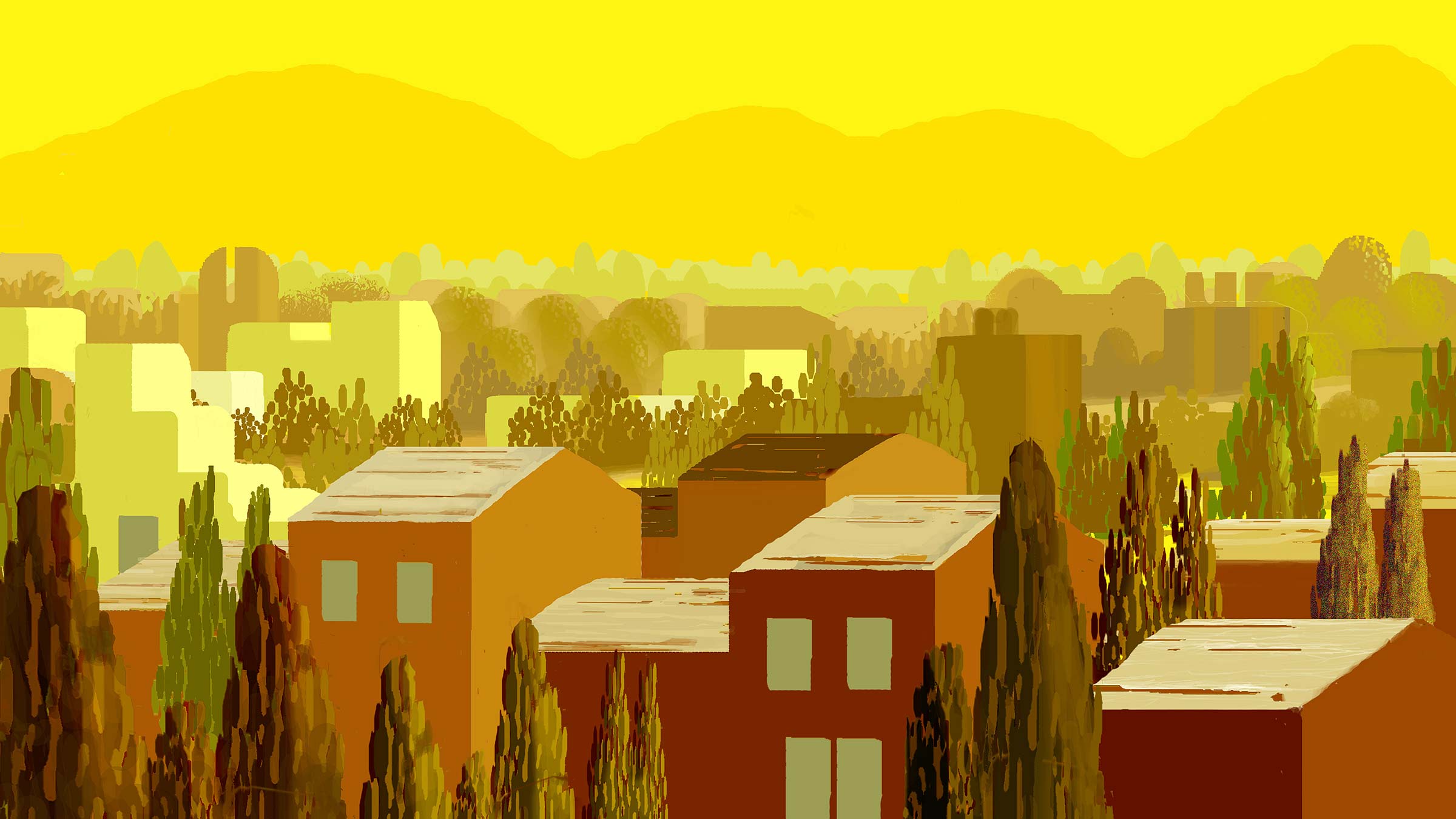 A yellow and brown sky over a neighborhood shows the area’s poor air quality