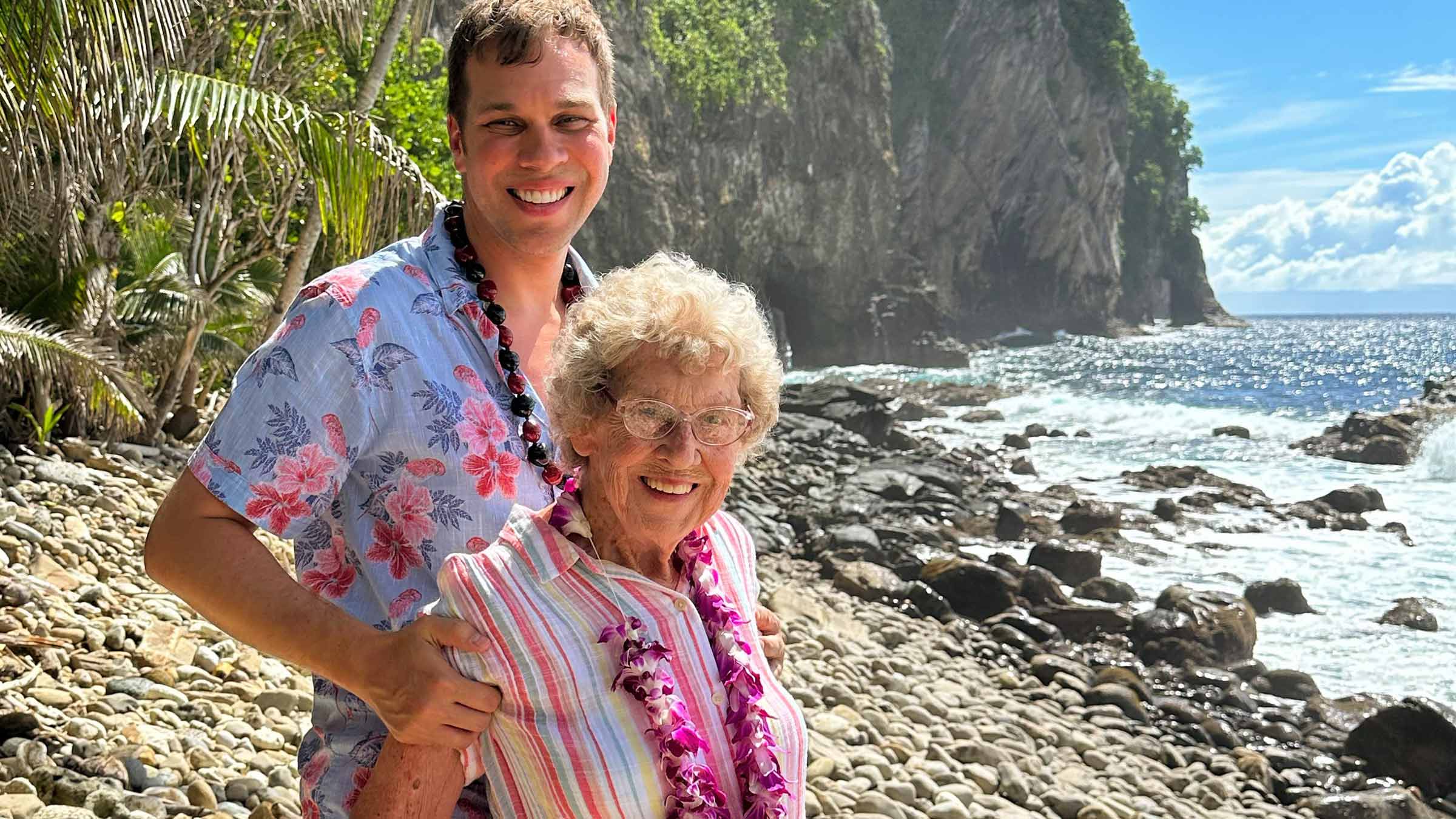 Brad Ryan and his grandmother by the ocean