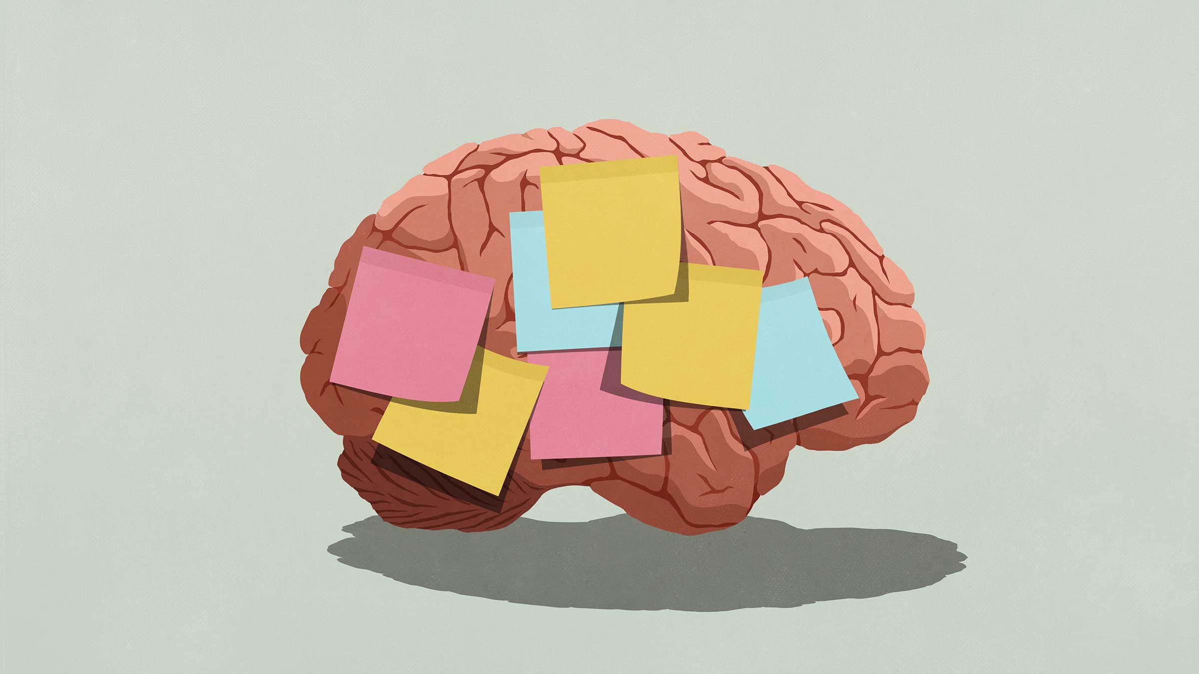 Graphic illustration of a brain covered with sticky notes