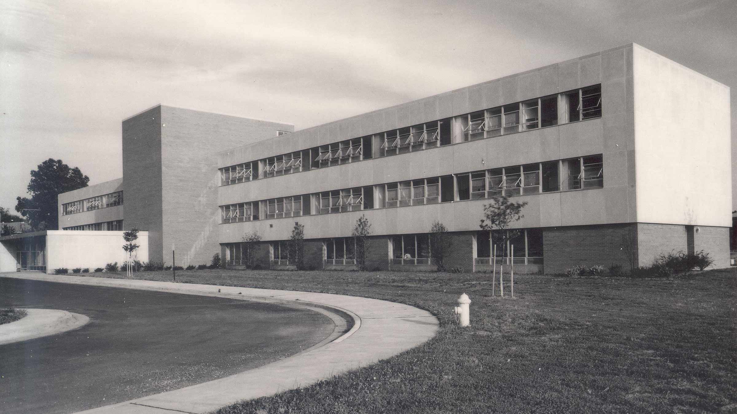 A black and white historical photo of Dodd Rehabilitation hospital when it first opened