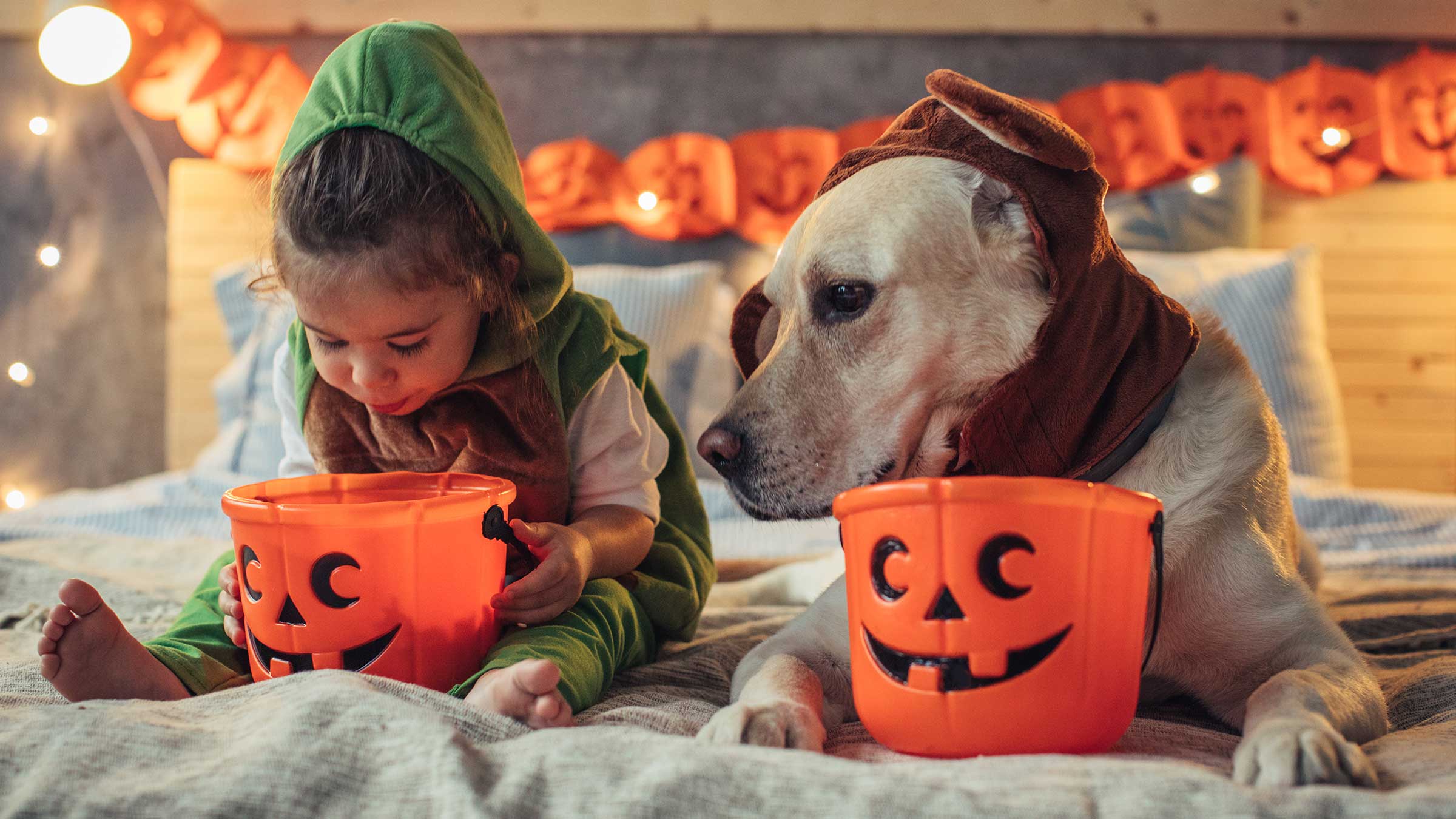 A young child and their dog sitting on a bed in Halloween costumes