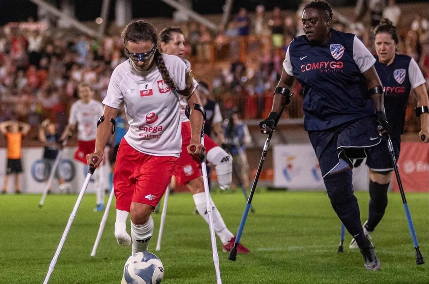 Amputee soccer players competing in a match
