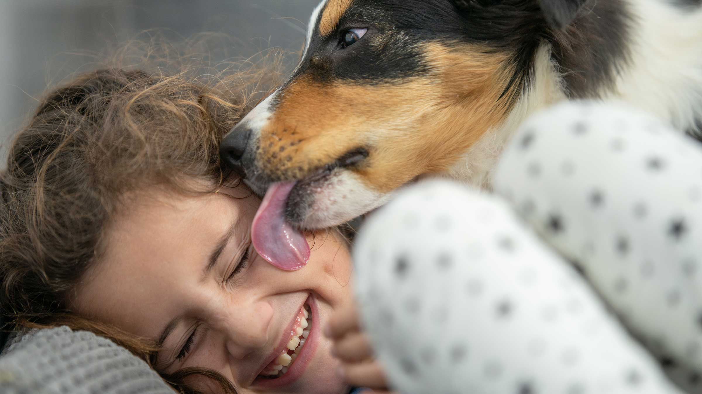 A girl getting her face licked by her dog