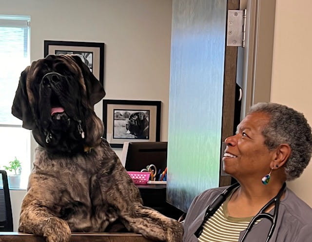 Dr. Randall standing next to a dog taller than her