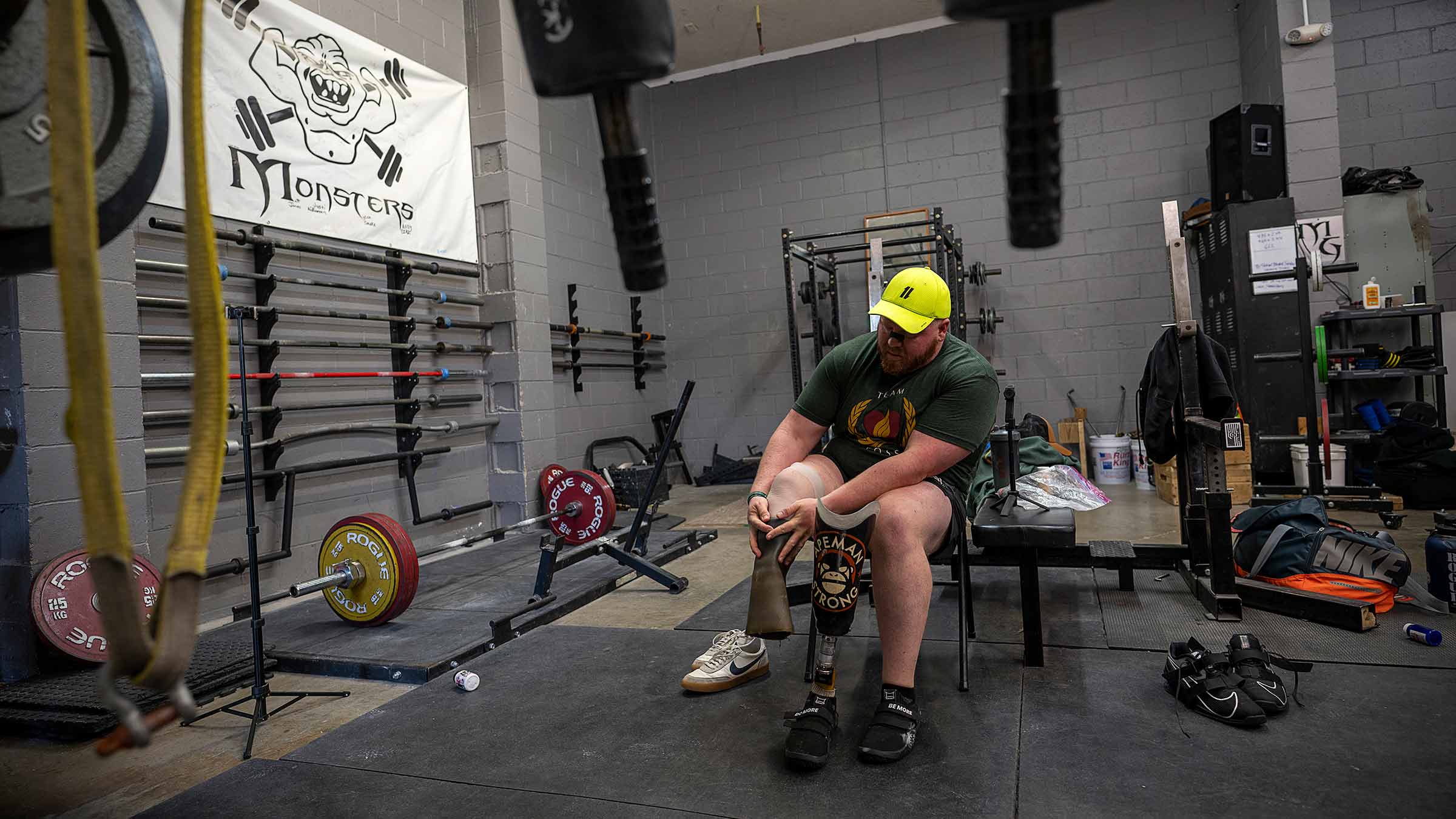 Matthew Hill in a gym getting ready for powerlifting