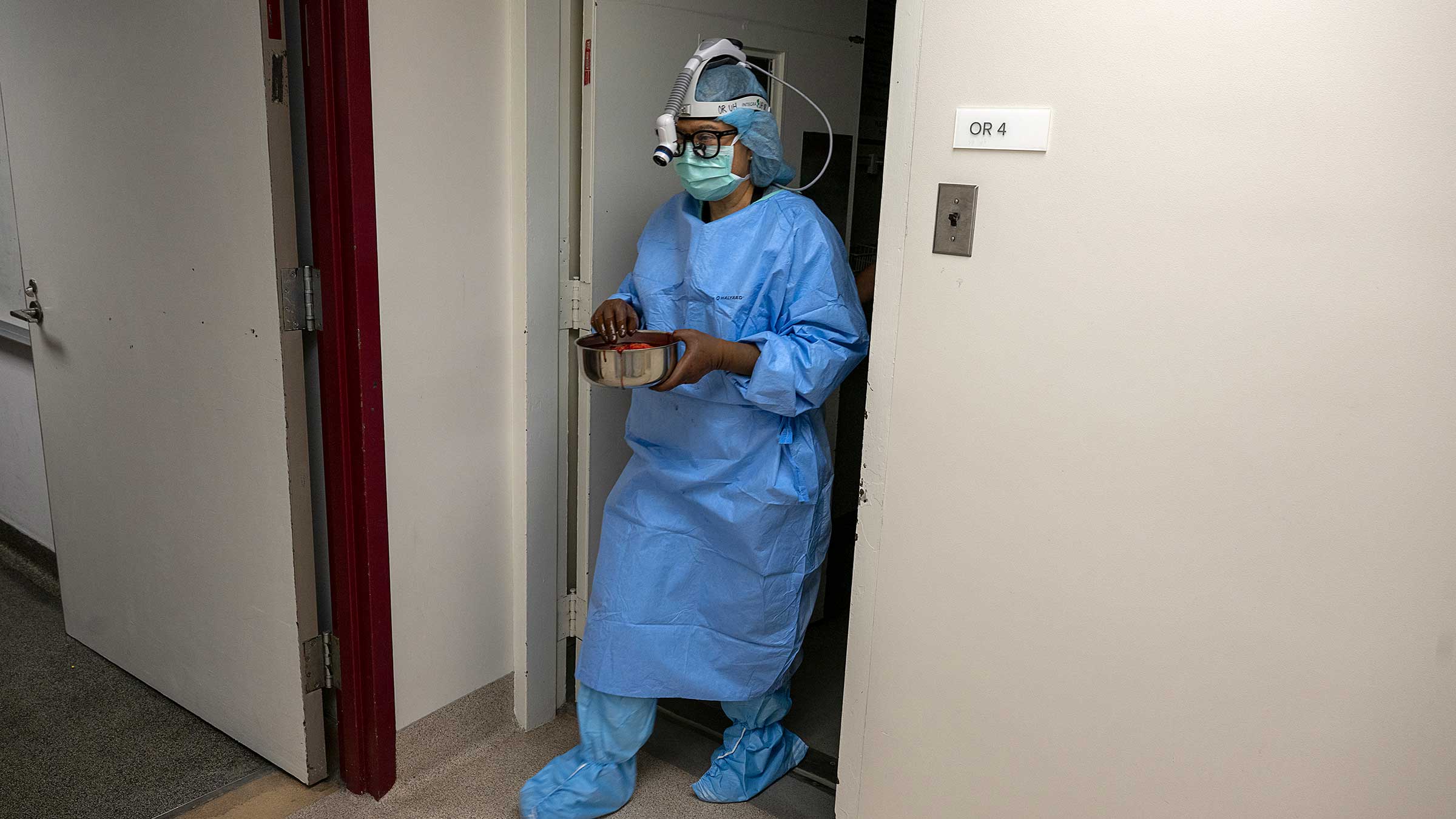 A doctor carrying a tray with a kidney