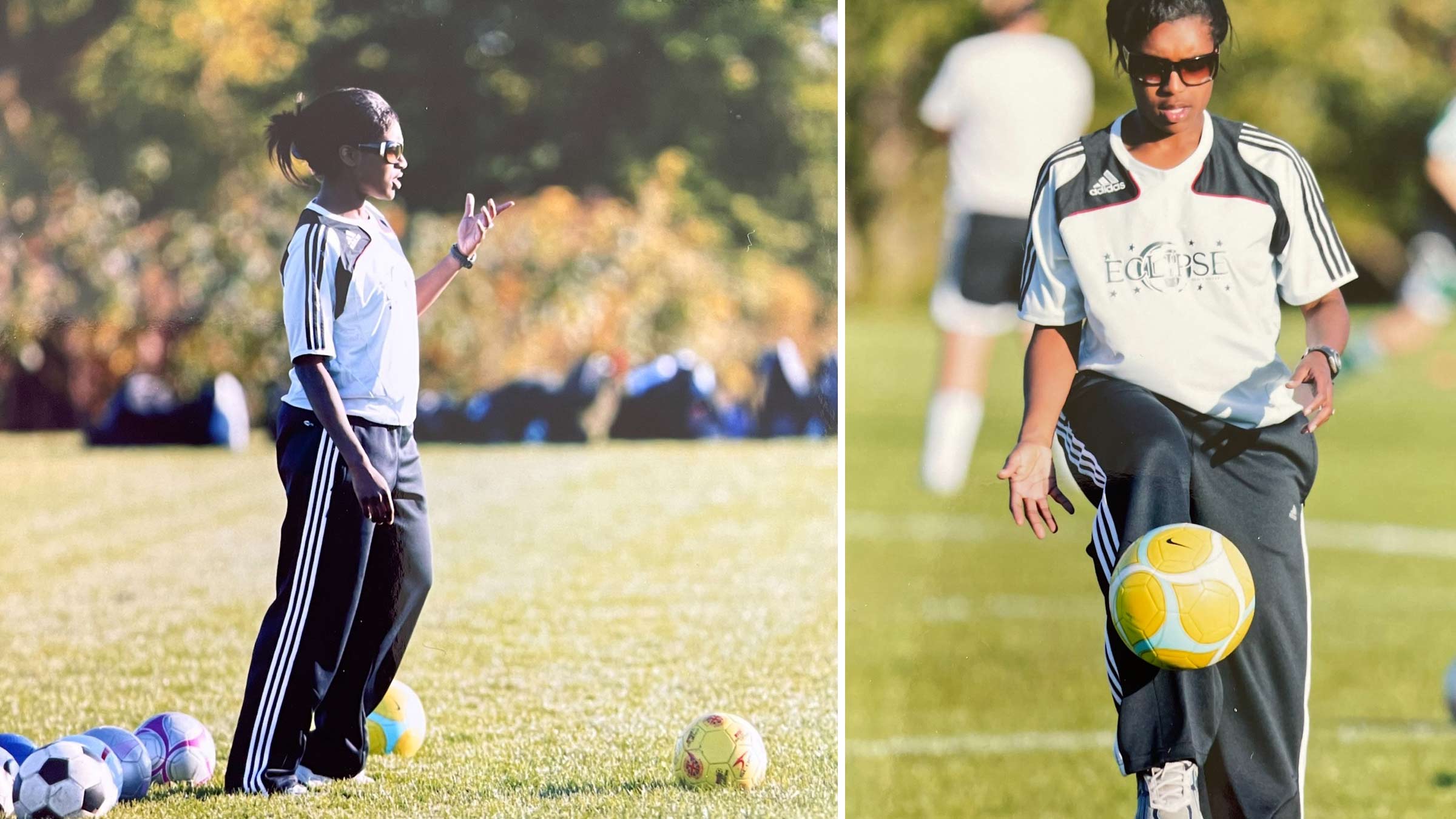 Paula Cole in her college years kicking a soccer ball