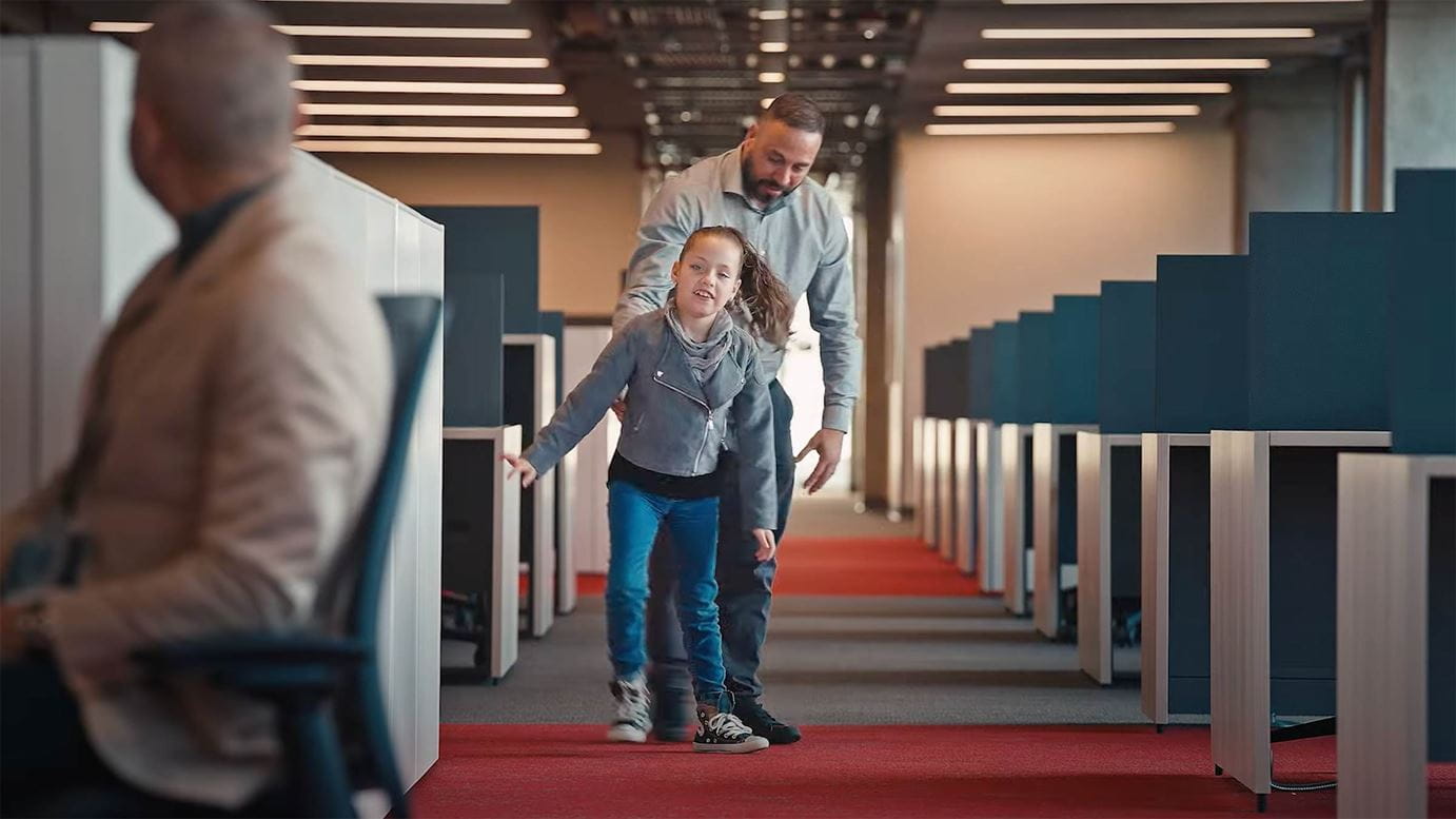 Rian walking with her dad behind her