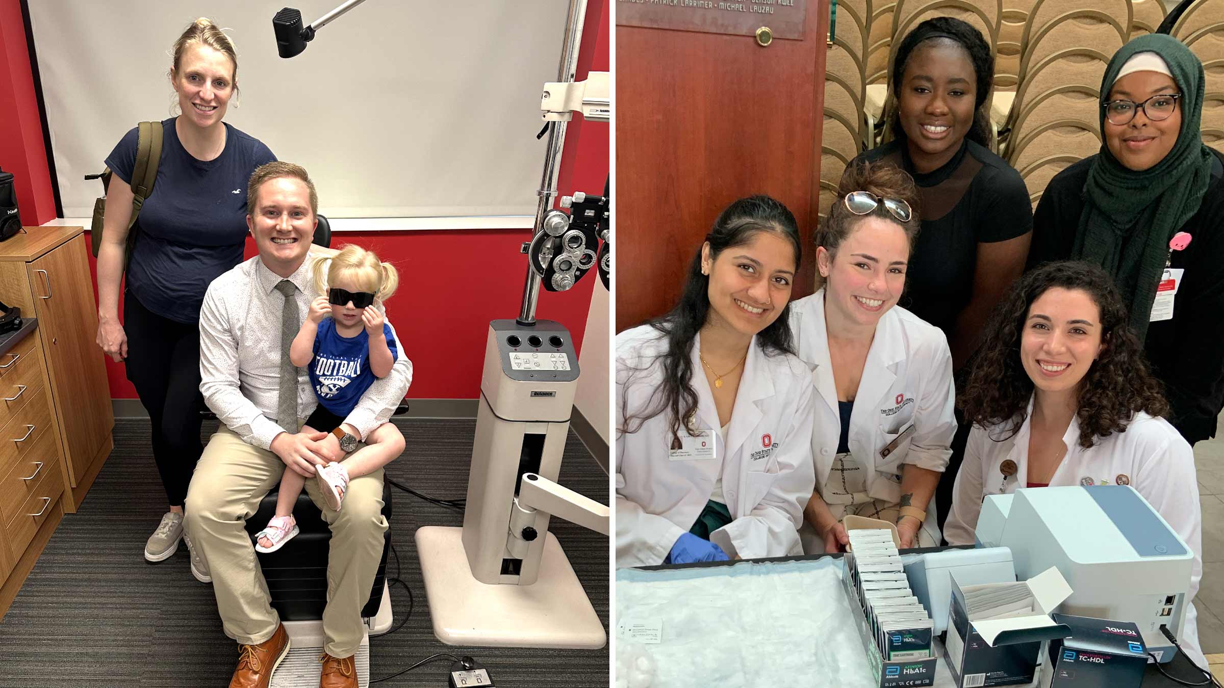 Collage of two photos: College of Optometry student with his wife and daughter, and College of Pharmacy students