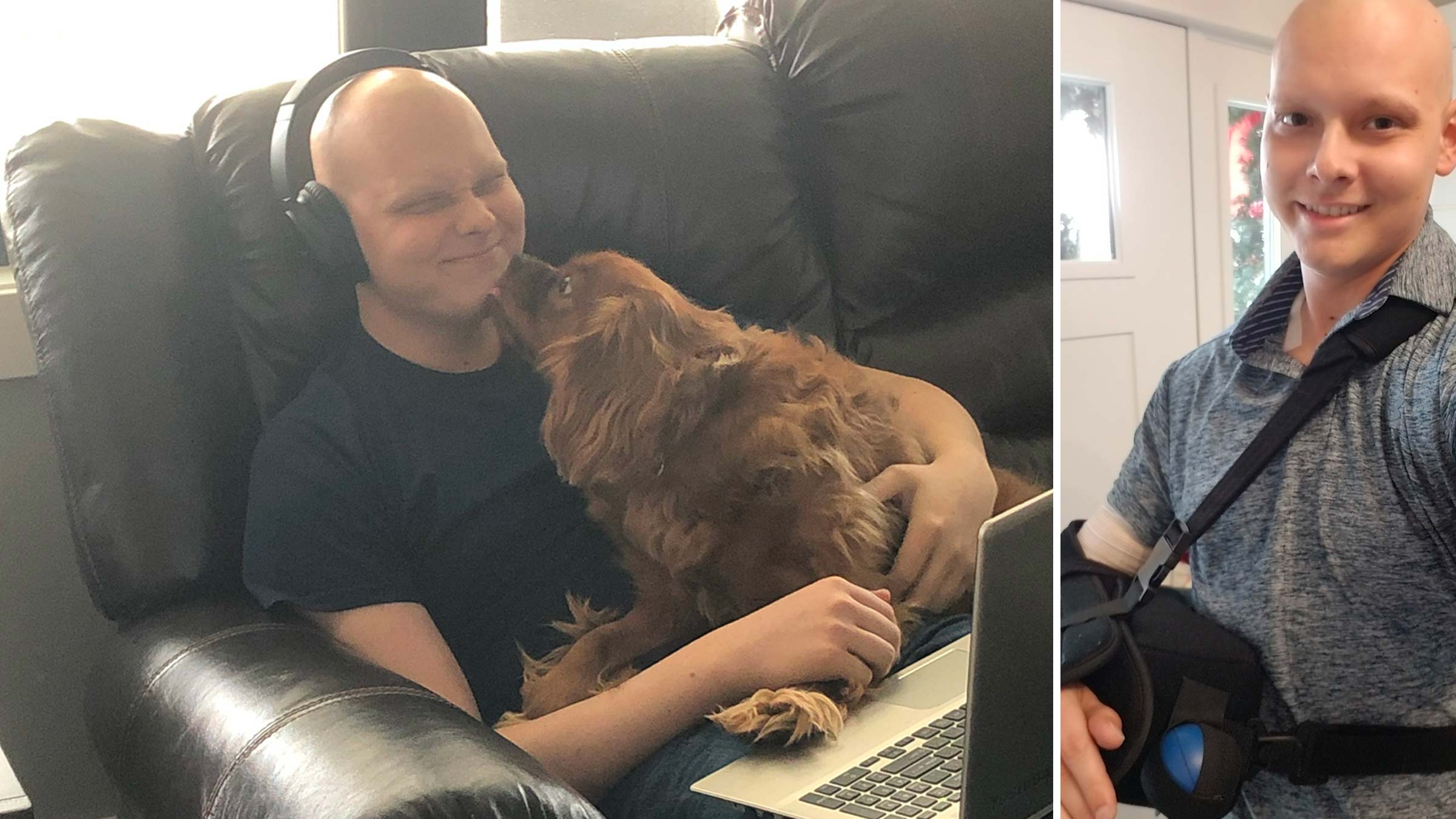 Collage with two photos of Chris Shultz: with his dog in front of a laptop, and with an arm in a sling