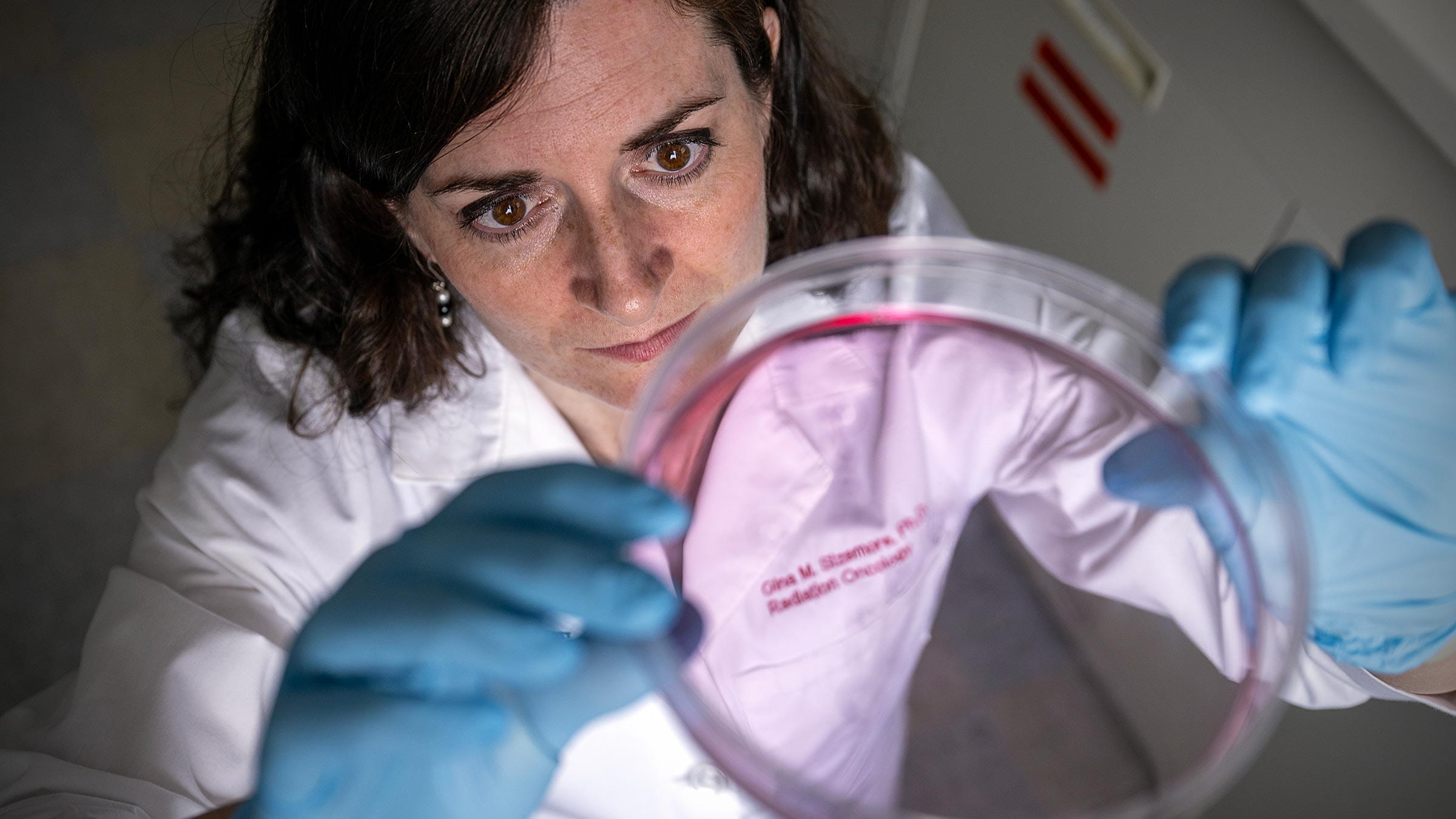 Dr. Sizemore looking up at a cell culture dish in her lab