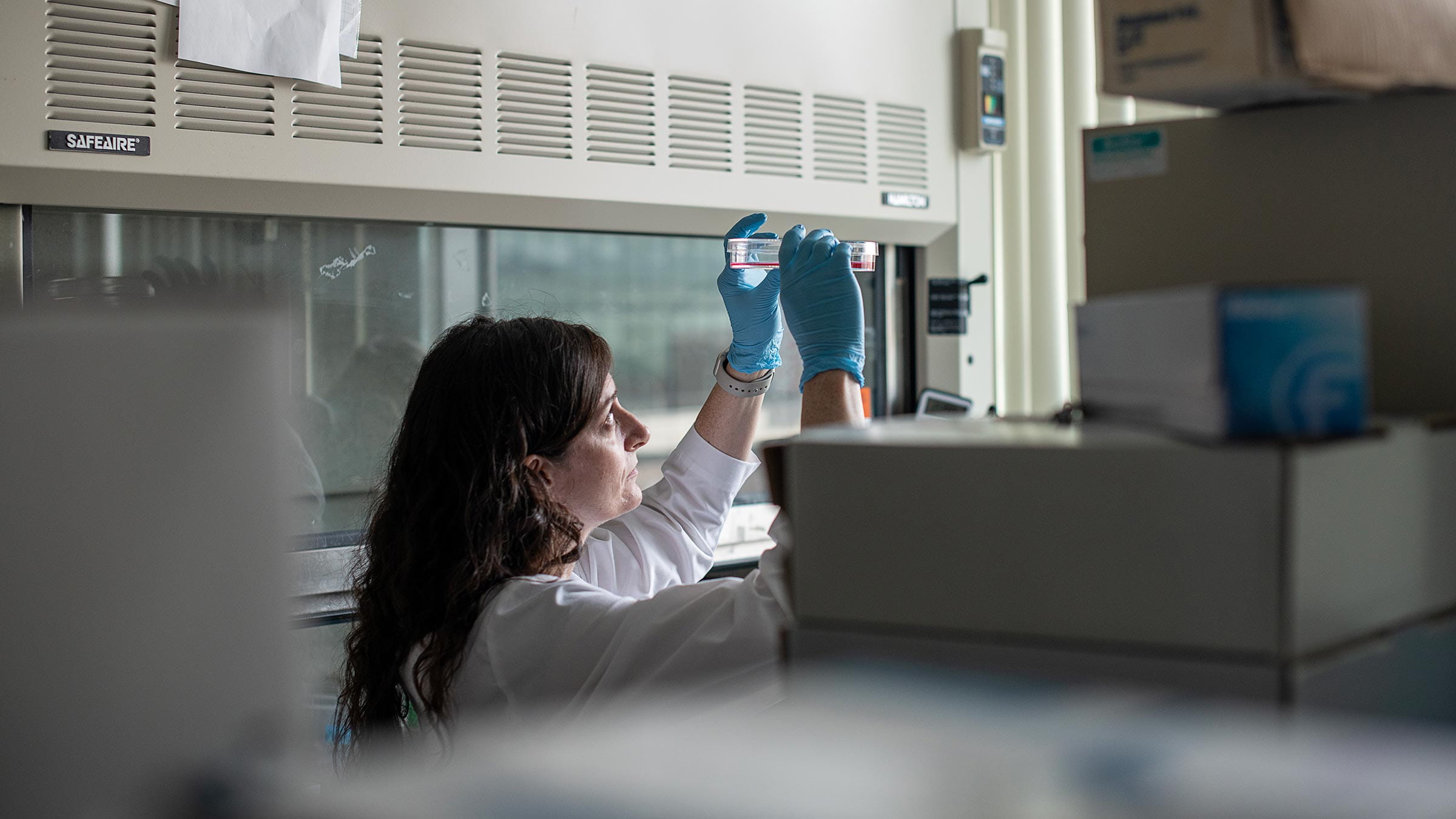 Dr. Sizemore looking at a petri dish in her lab