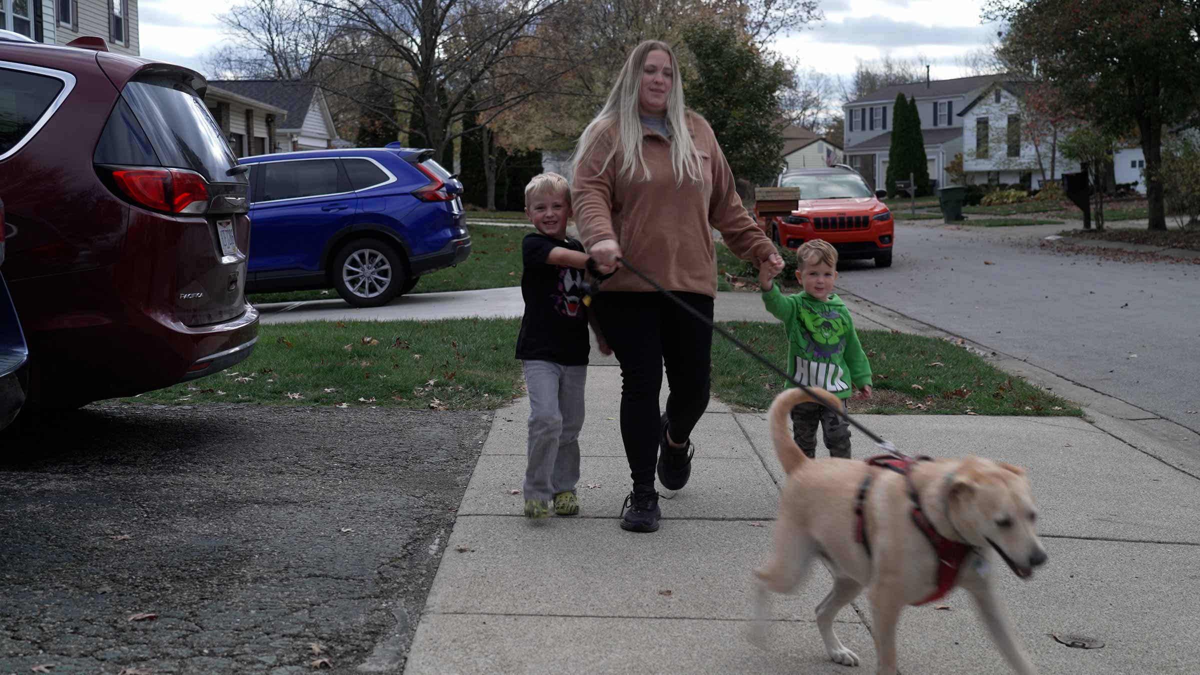 A woman walking her dog while holding the hands of her two young sons