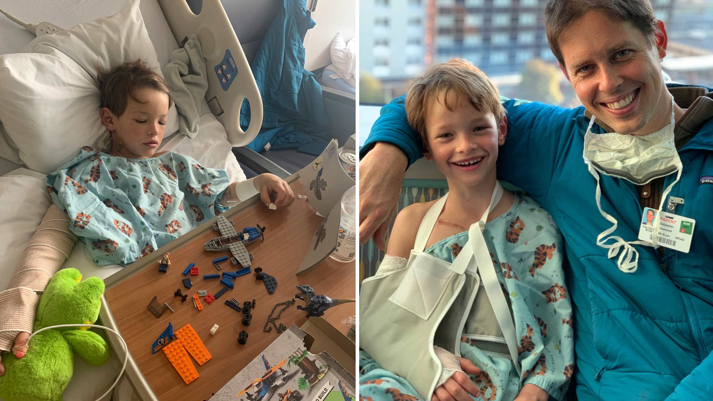 Collage of two photos: Byron in a hospital bed and him with his dad, smiling