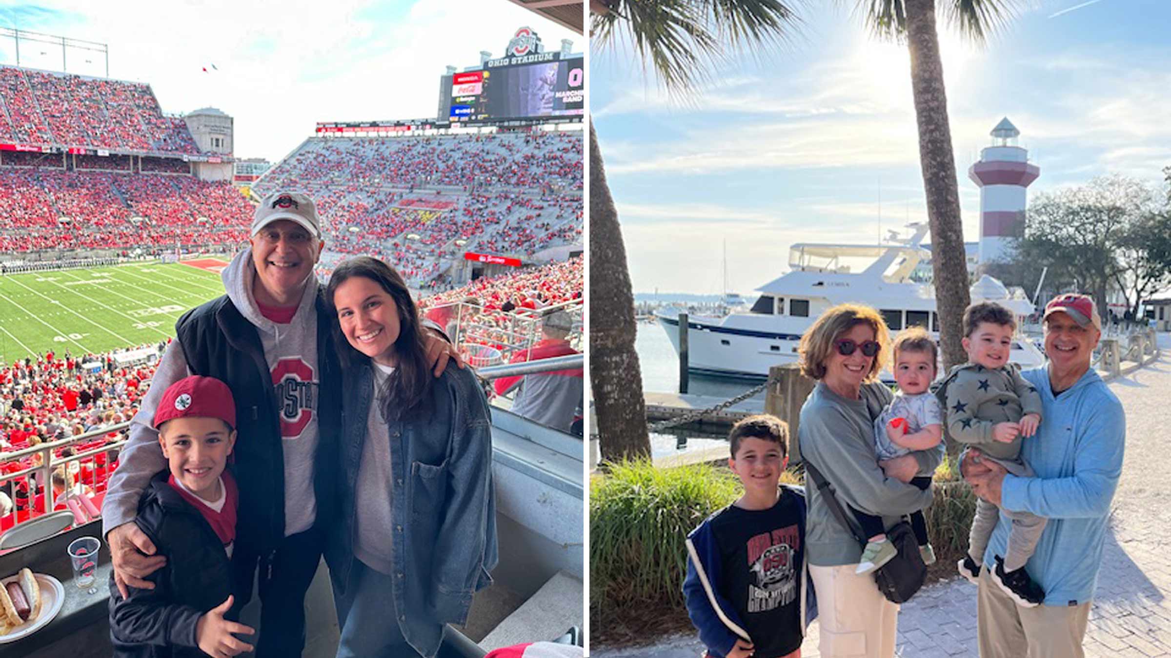 Collage of two photos: Danny Kayne with his family at the OSU football game on the left, and with his family on a vacation on the right