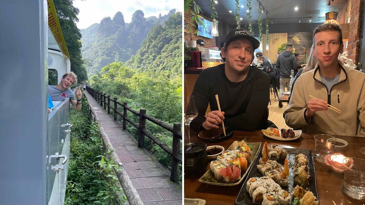 Collage of two photos: Kyle Clark looking out of a train's window while on vacation, and him eating out with his brother