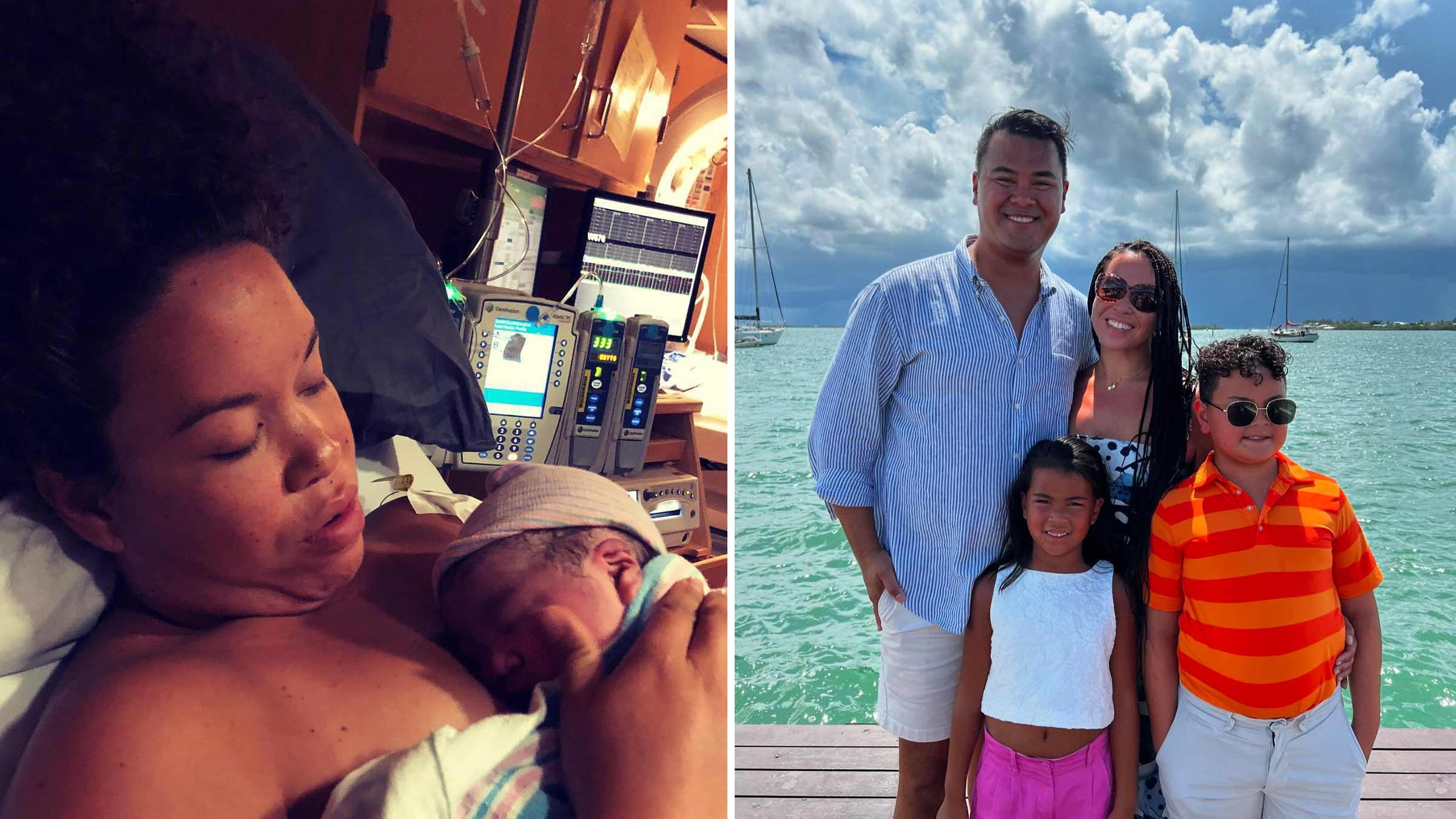 Collage of two photos: Liz Gordon-Canlas with her newborn, and her with her family on a vacation
