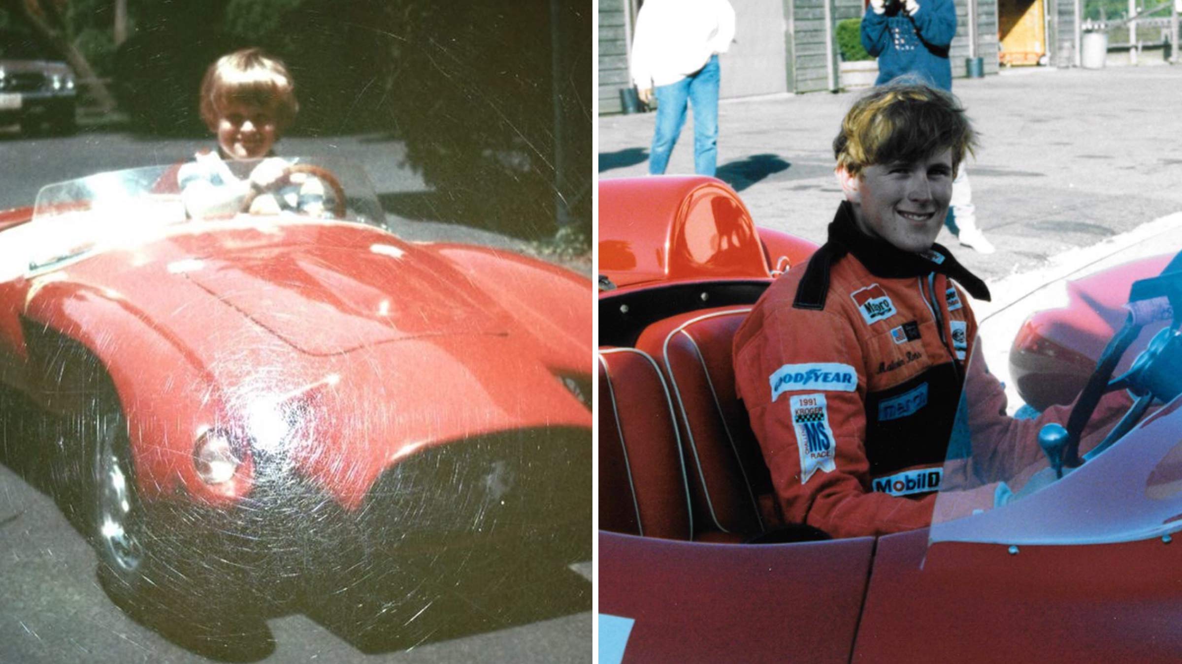 Collage of two photos: Malcolm Ross in a toy race car on the left and as a teen in a real race car on the right