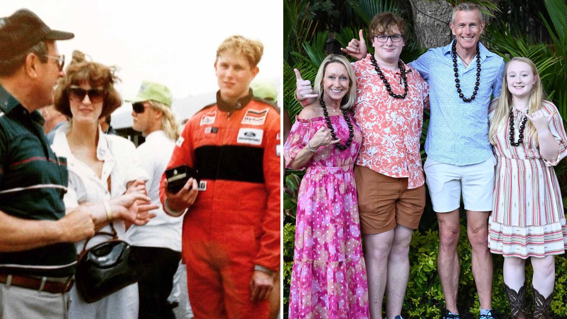 Collage of two photos: Malcolm Ross in his teen years in a racing suit on the left, and as an adult with his family on the right