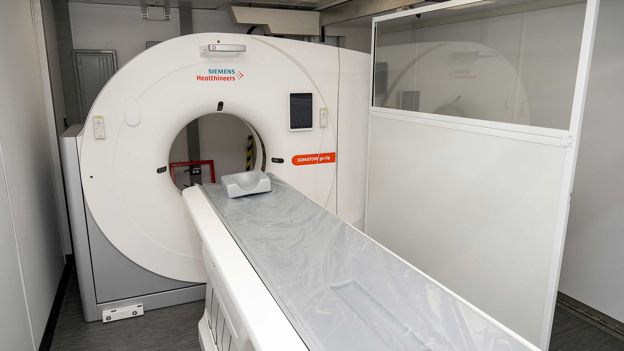 The CT scanner inside the mobile lung cancer screening unit