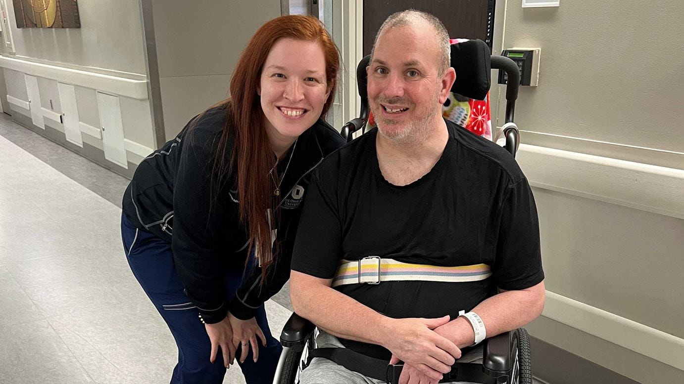 Jeremy Phalen, a stroke patient, with his therapist