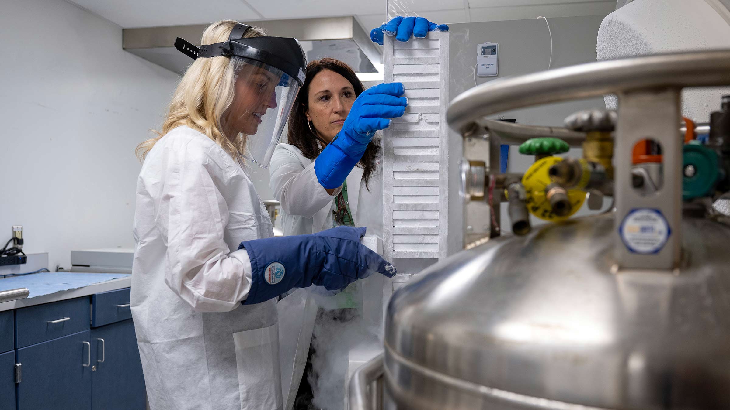 Rosa Lapalombella and Madilynn Yano in a cancer research laboratory at Ohio State