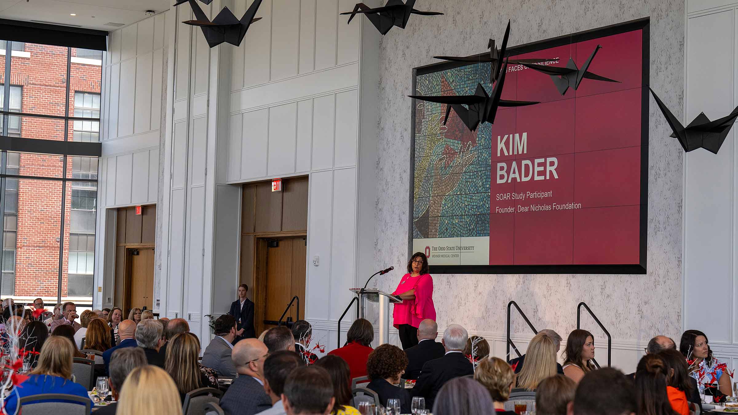 Kim Bader standing behind a podium at a SOAR event