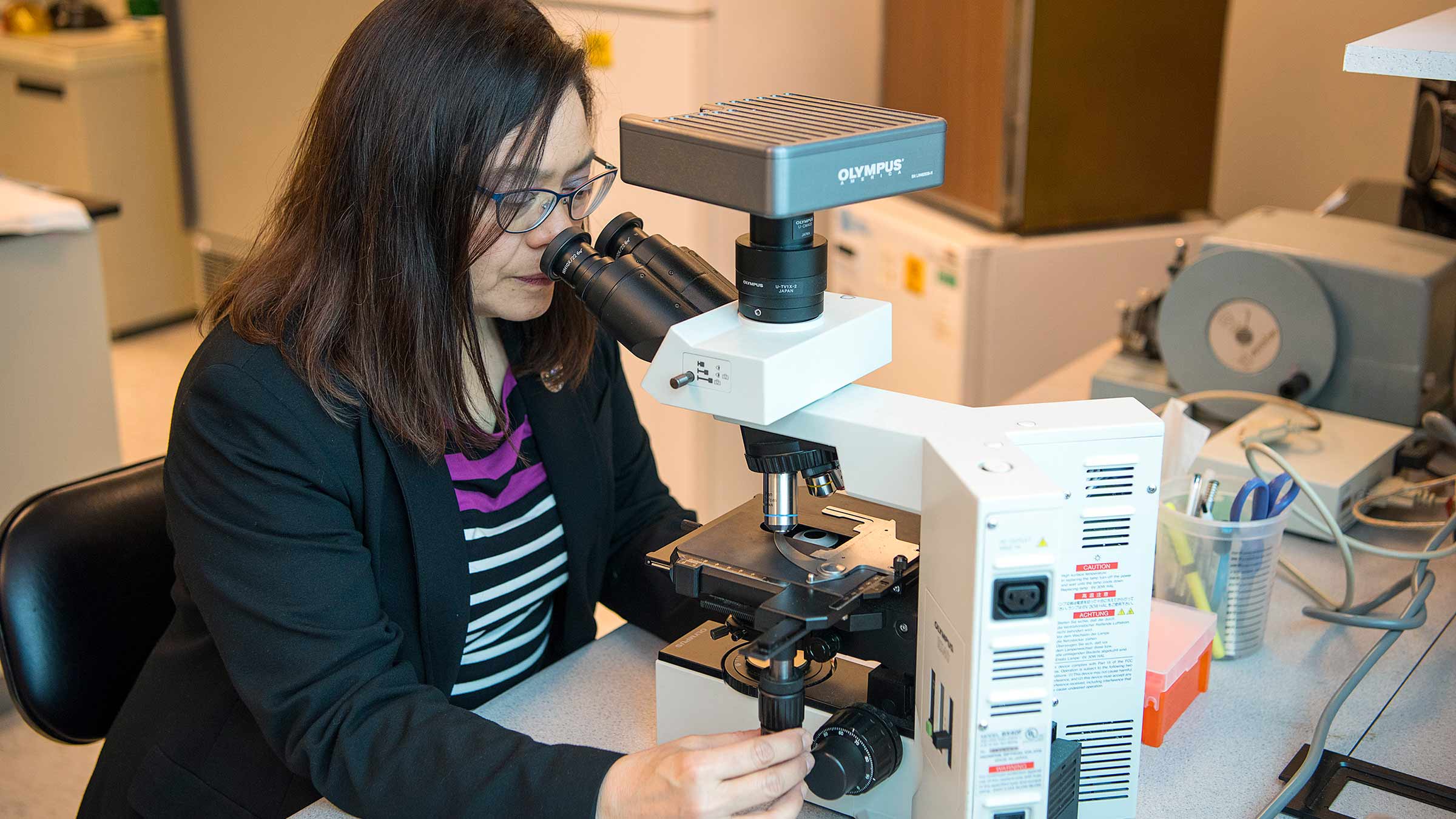 Dr. Ginny Bumgardner looking into a microscope