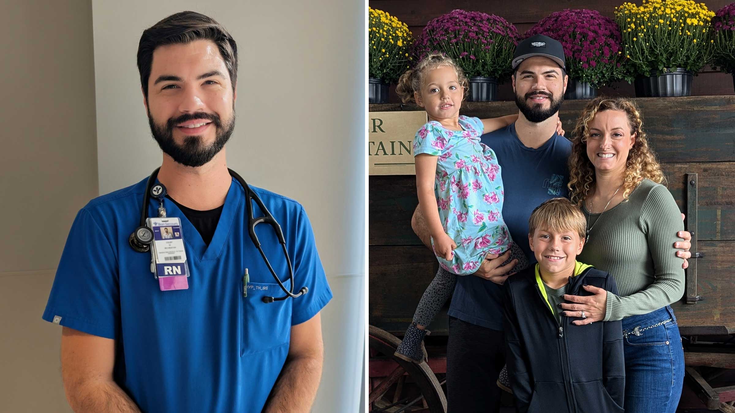 Colby Morris in a nurse uniform on the left and with his wife and two kids on the right